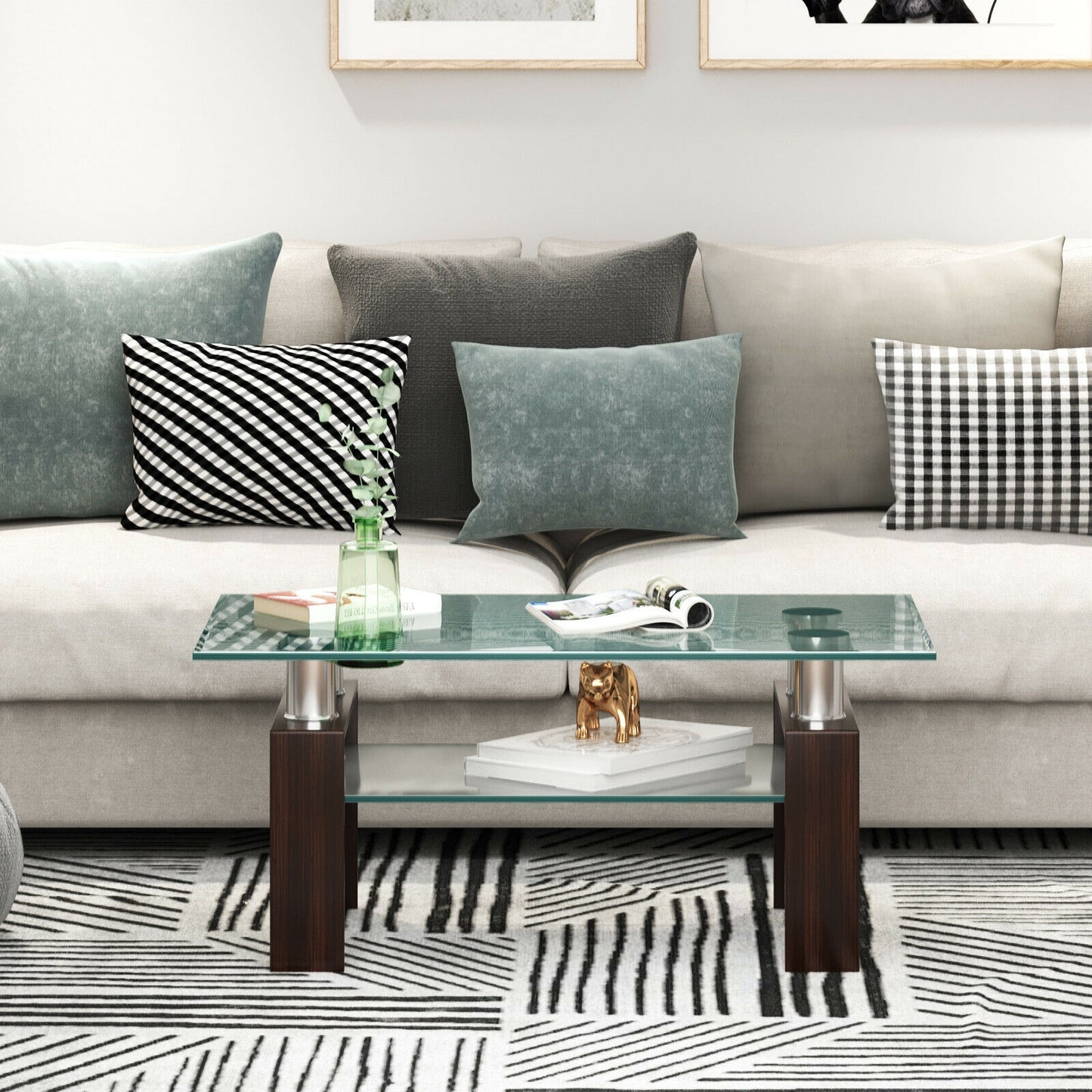 Contemporary Rectangle Coffee Table with Tempered Glass Top and Metal Legs, Brown