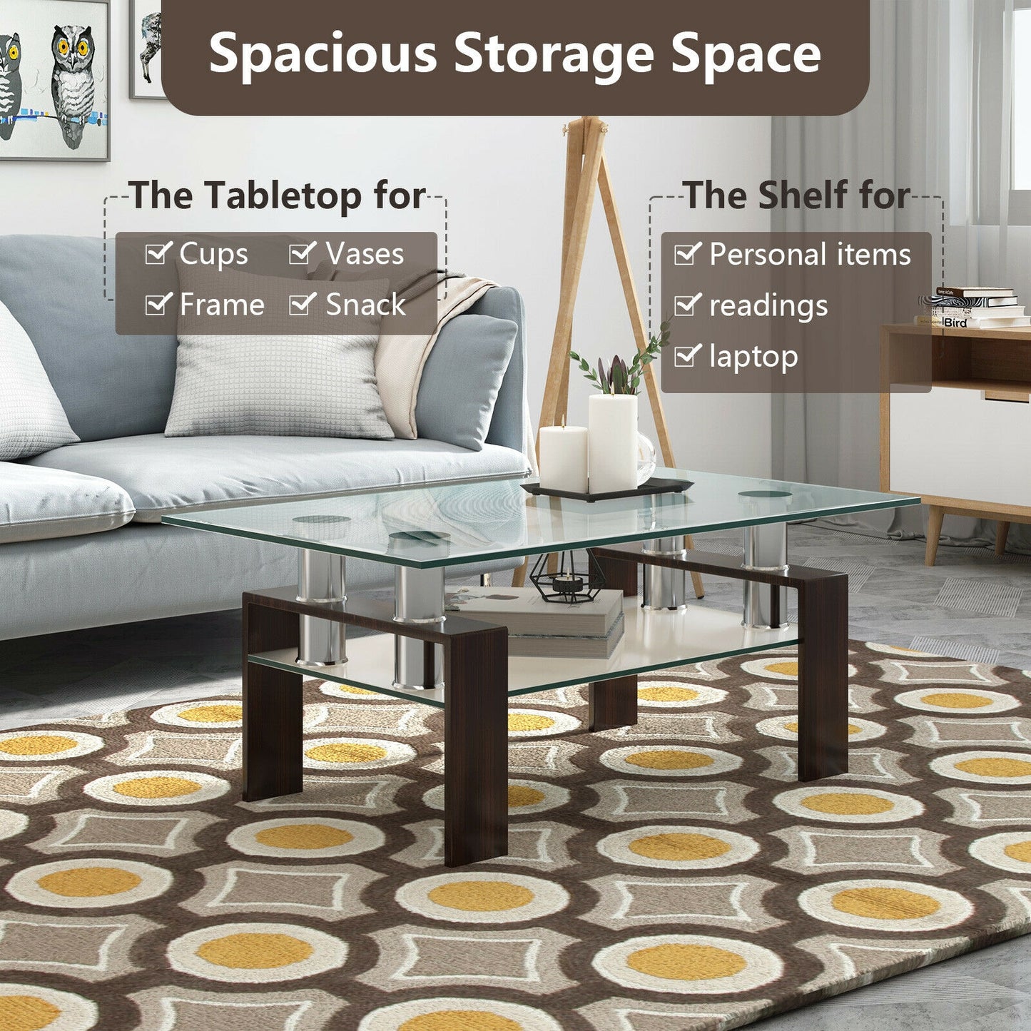 Contemporary Rectangle Coffee Table with Tempered Glass Top and Metal Legs, Brown