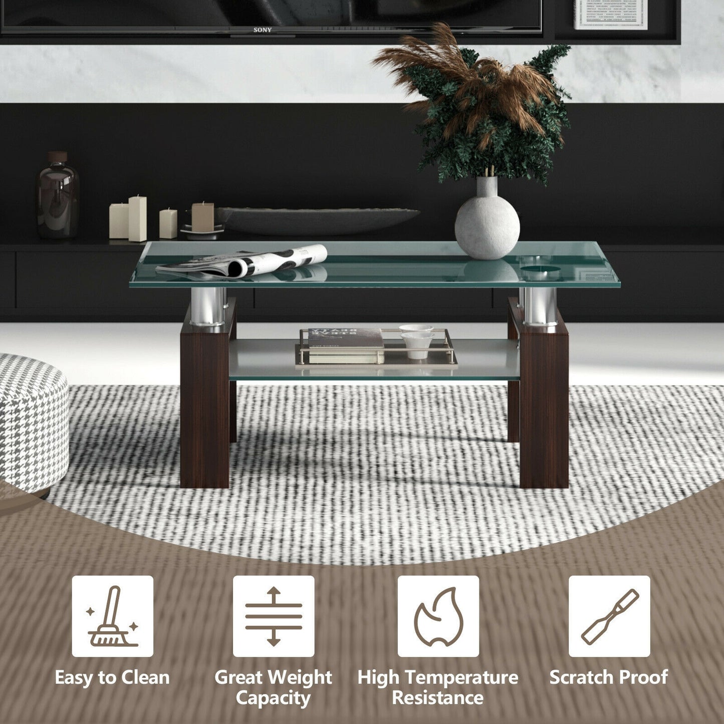 Contemporary Rectangle Coffee Table with Tempered Glass Top and Metal Legs, Brown
