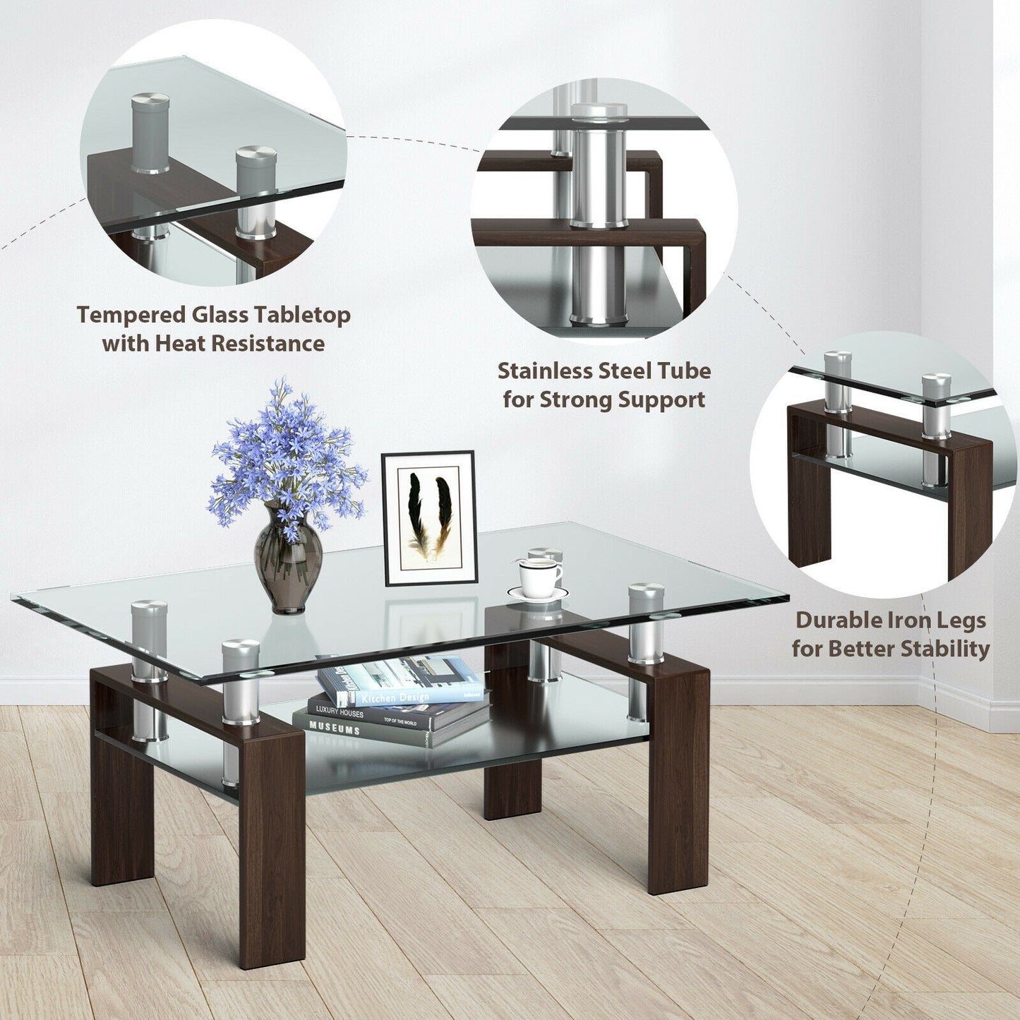 Contemporary Rectangle Coffee Table with Tempered Glass Top and Metal Legs, Brown