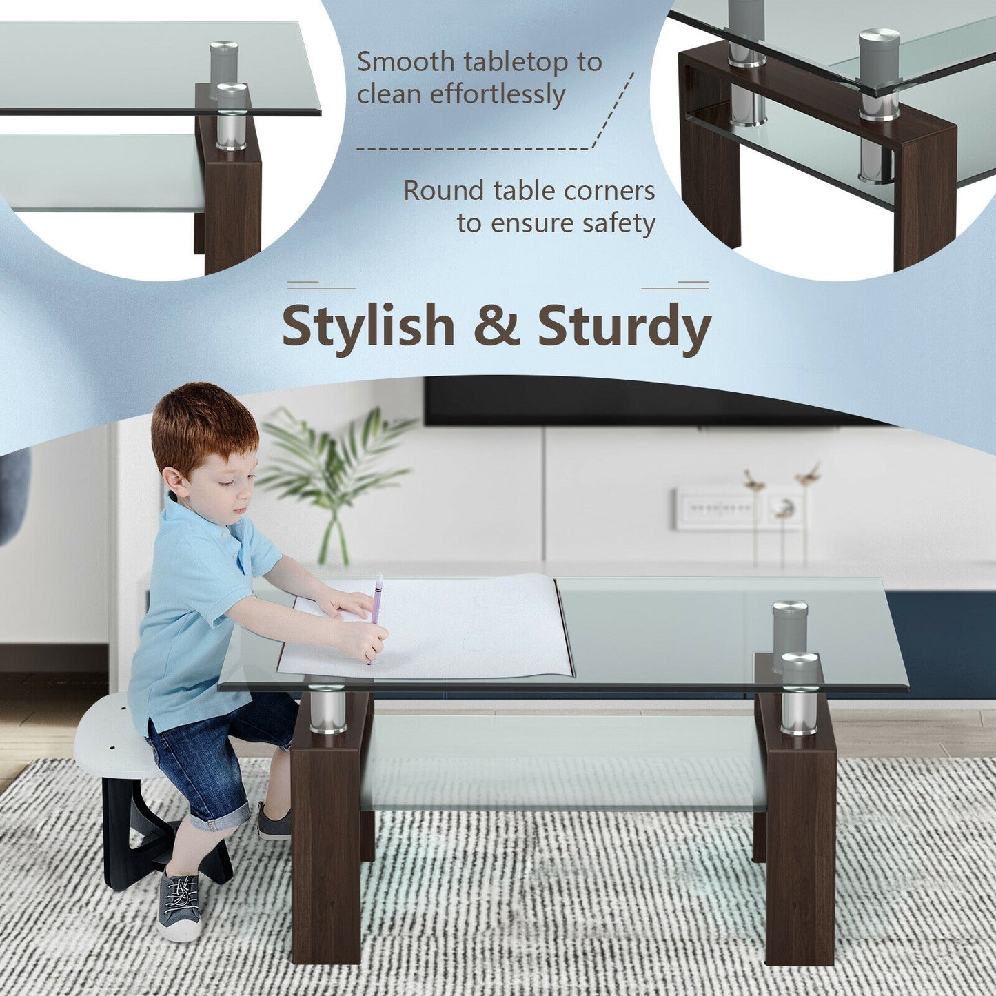 Contemporary Rectangle Coffee Table with Tempered Glass Top and Metal Legs, Brown