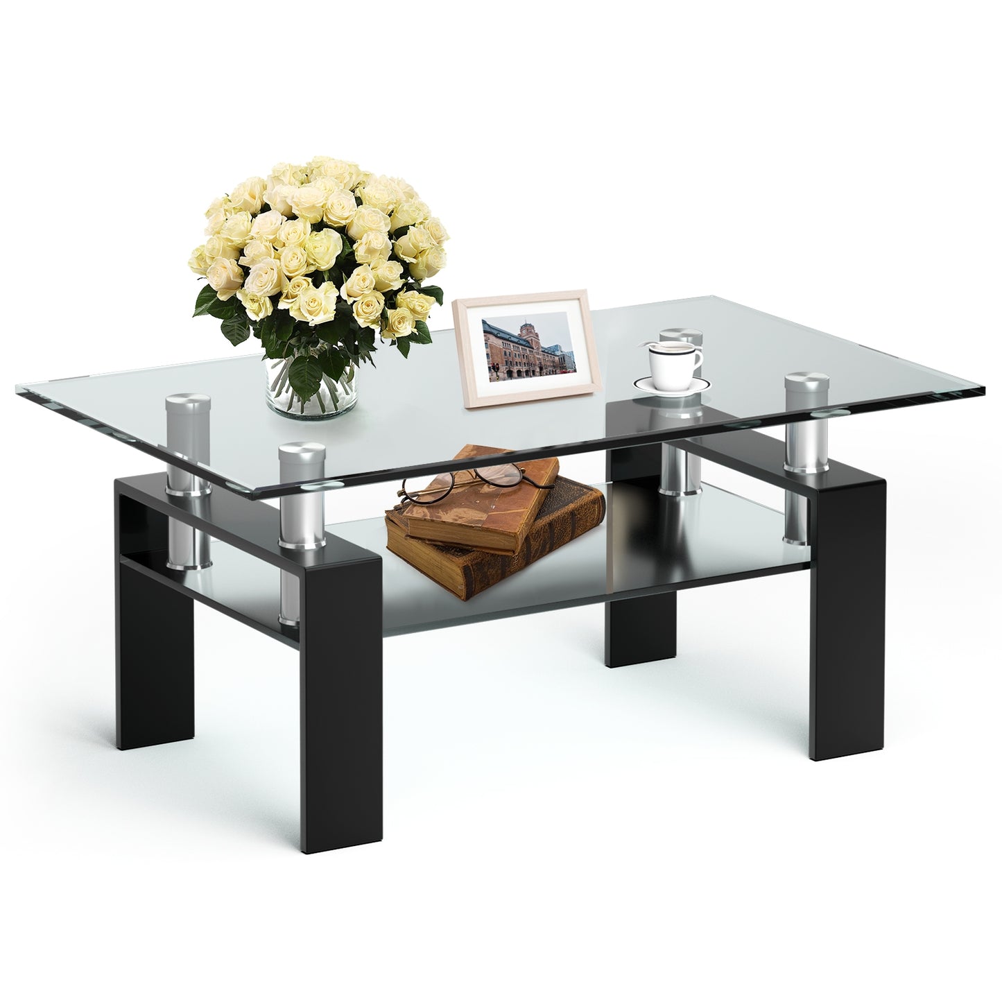 Contemporary Rectangle Coffee Table with Tempered Glass Top and Metal Legs, Black