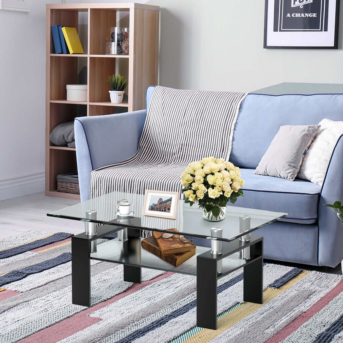 Contemporary Rectangle Coffee Table with Tempered Glass Top and Metal Legs, Black
