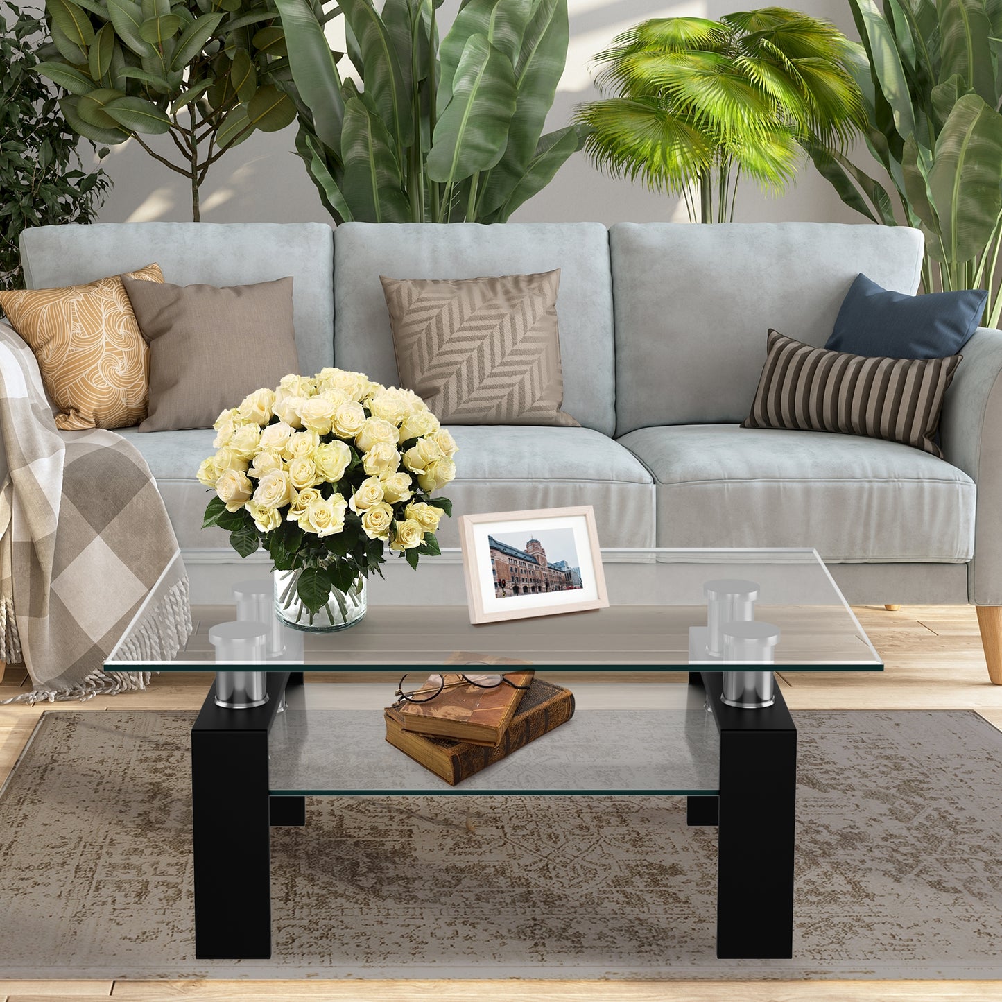 Contemporary Rectangle Coffee Table with Tempered Glass Top and Metal Legs, Black