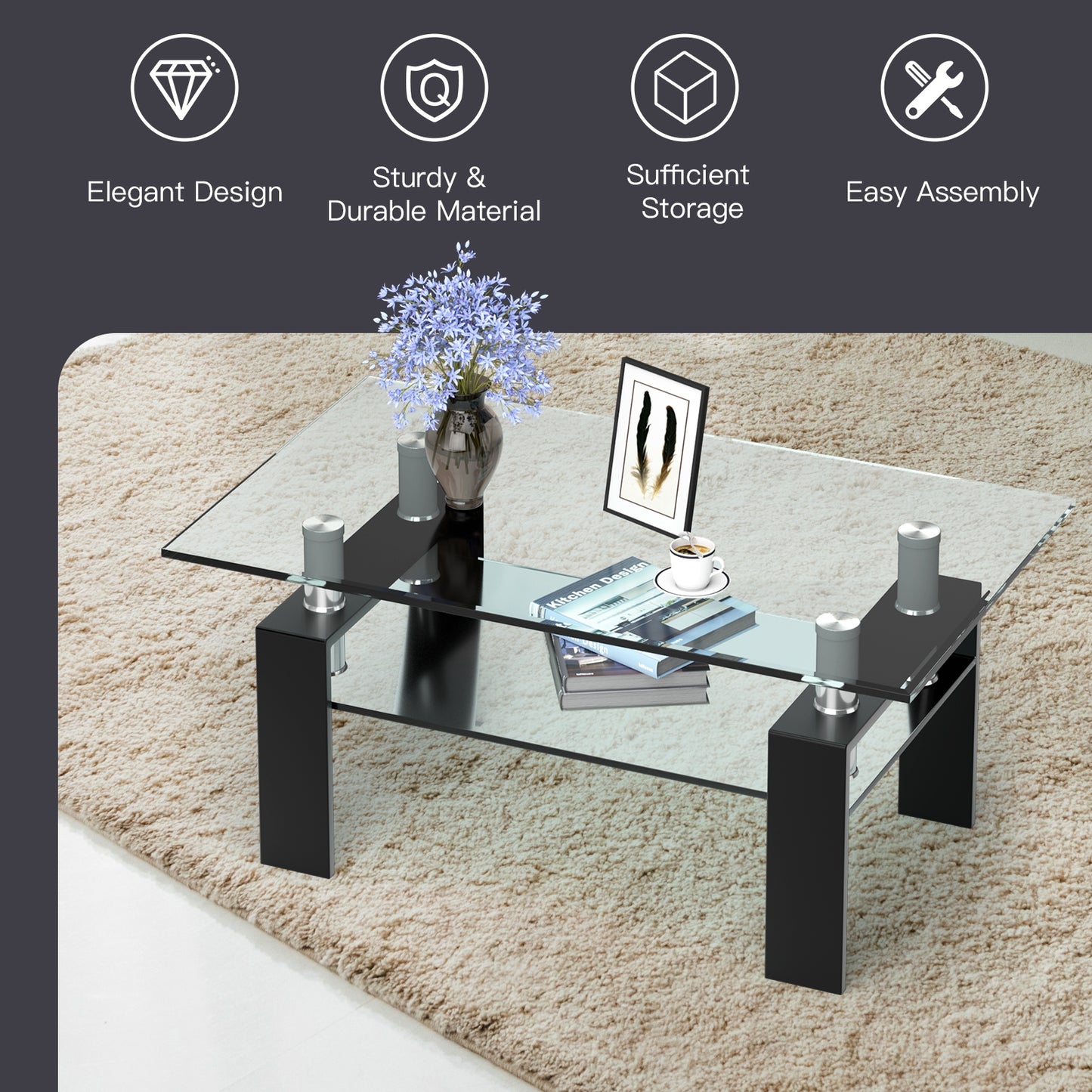 Contemporary Rectangle Coffee Table with Tempered Glass Top and Metal Legs, Black