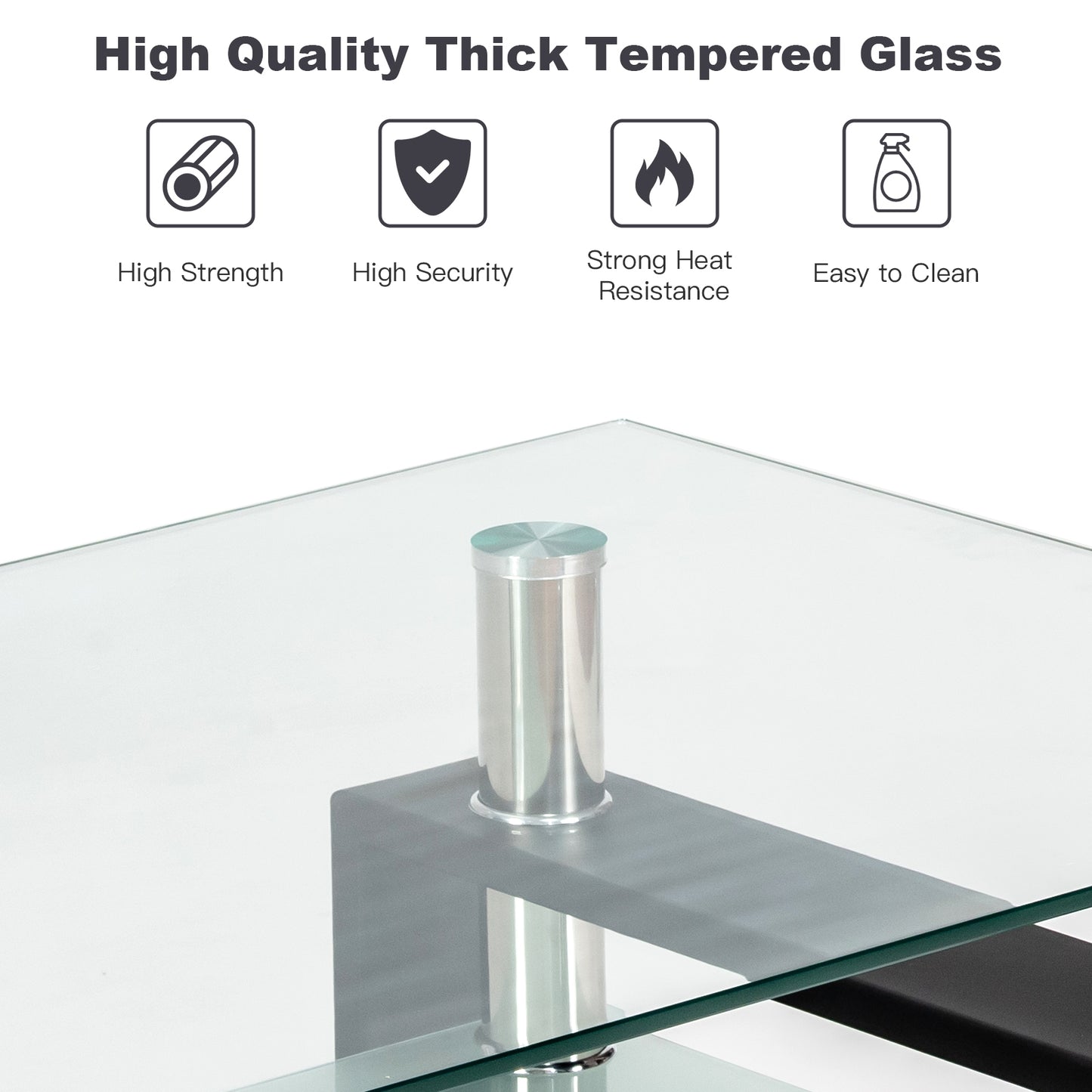 Contemporary Rectangle Coffee Table with Tempered Glass Top and Metal Legs, Black