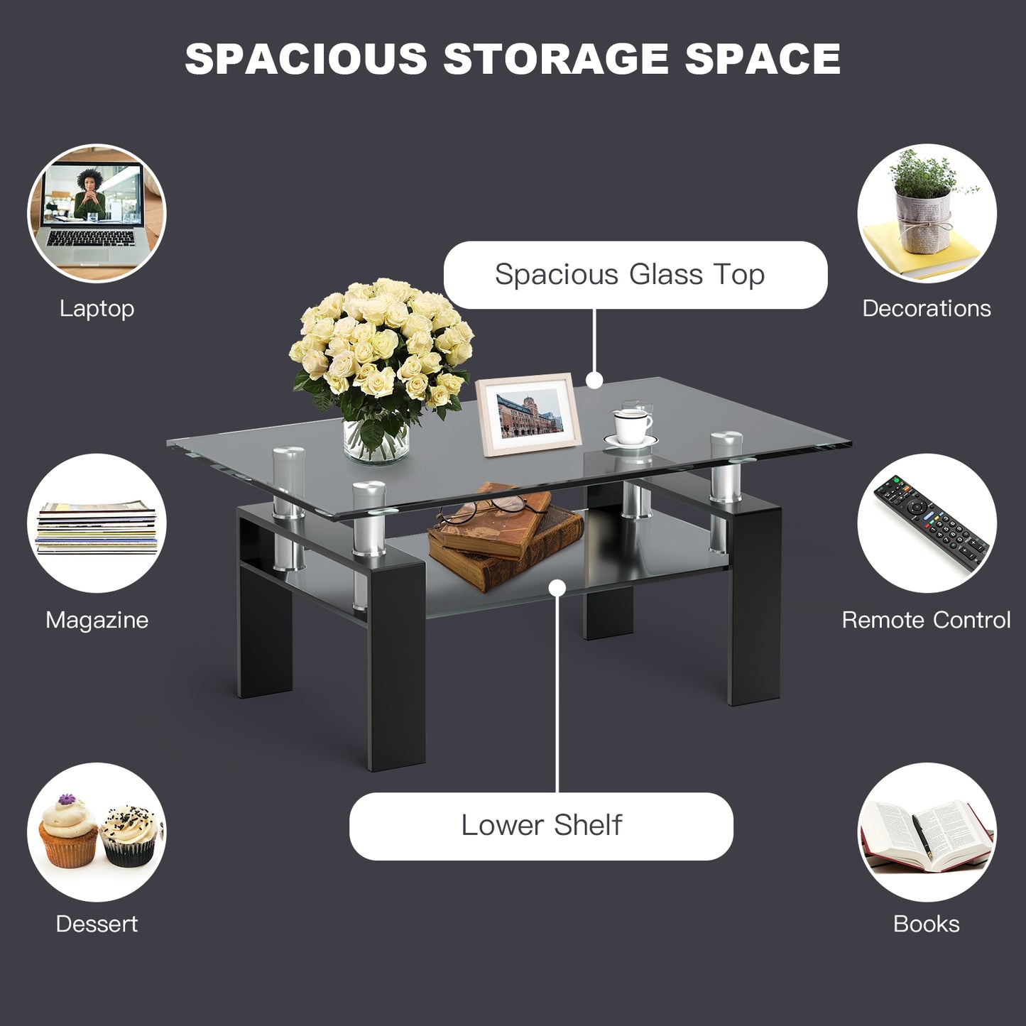 Contemporary Rectangle Coffee Table with Tempered Glass Top and Metal Legs, Black