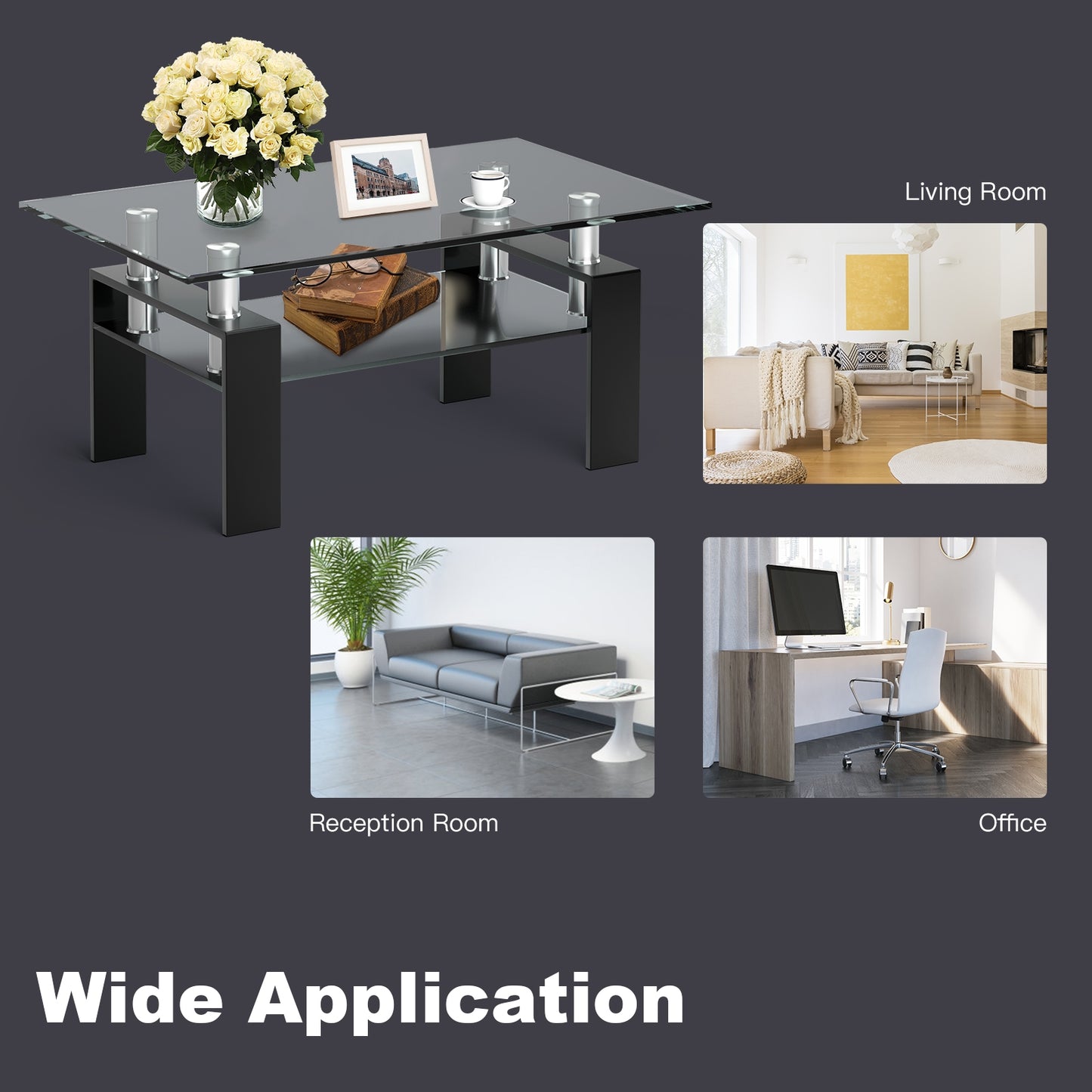 Contemporary Rectangle Coffee Table with Tempered Glass Top and Metal Legs, Black