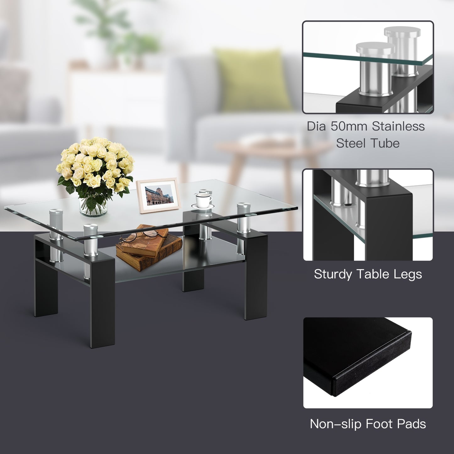 Contemporary Rectangle Coffee Table with Tempered Glass Top and Metal Legs, Black
