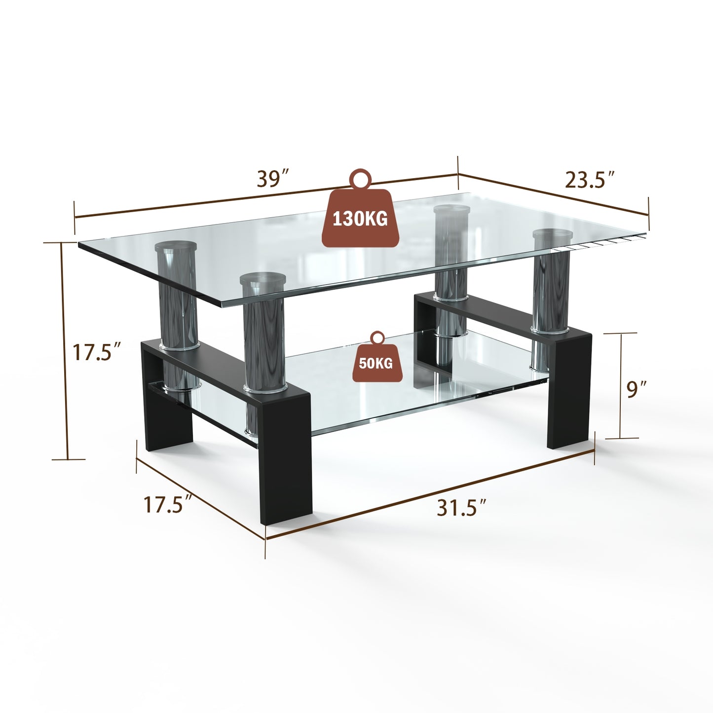 Contemporary Rectangle Coffee Table with Tempered Glass Top and Metal Legs, Black