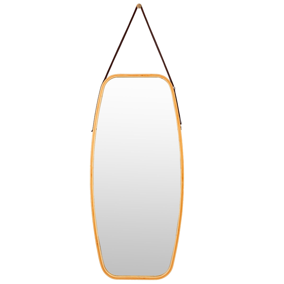 39 Inch Modern Bamboo Framed Wall Mirror with Adjustable Leather Strap