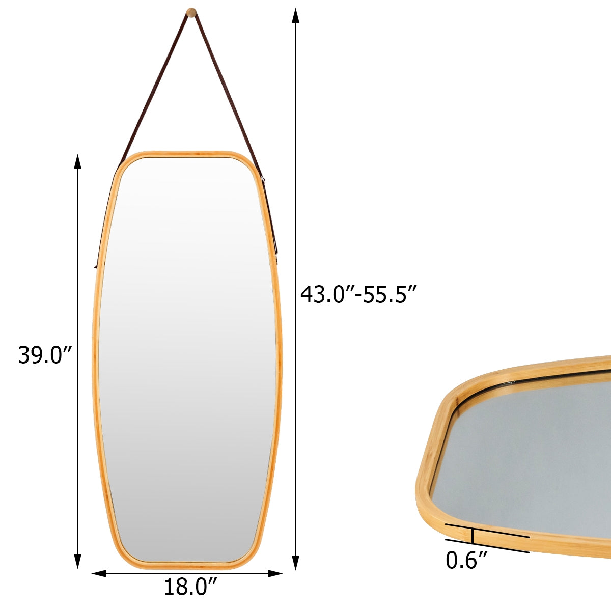 39 Inch Modern Bamboo Framed Wall Mirror with Adjustable Leather Strap