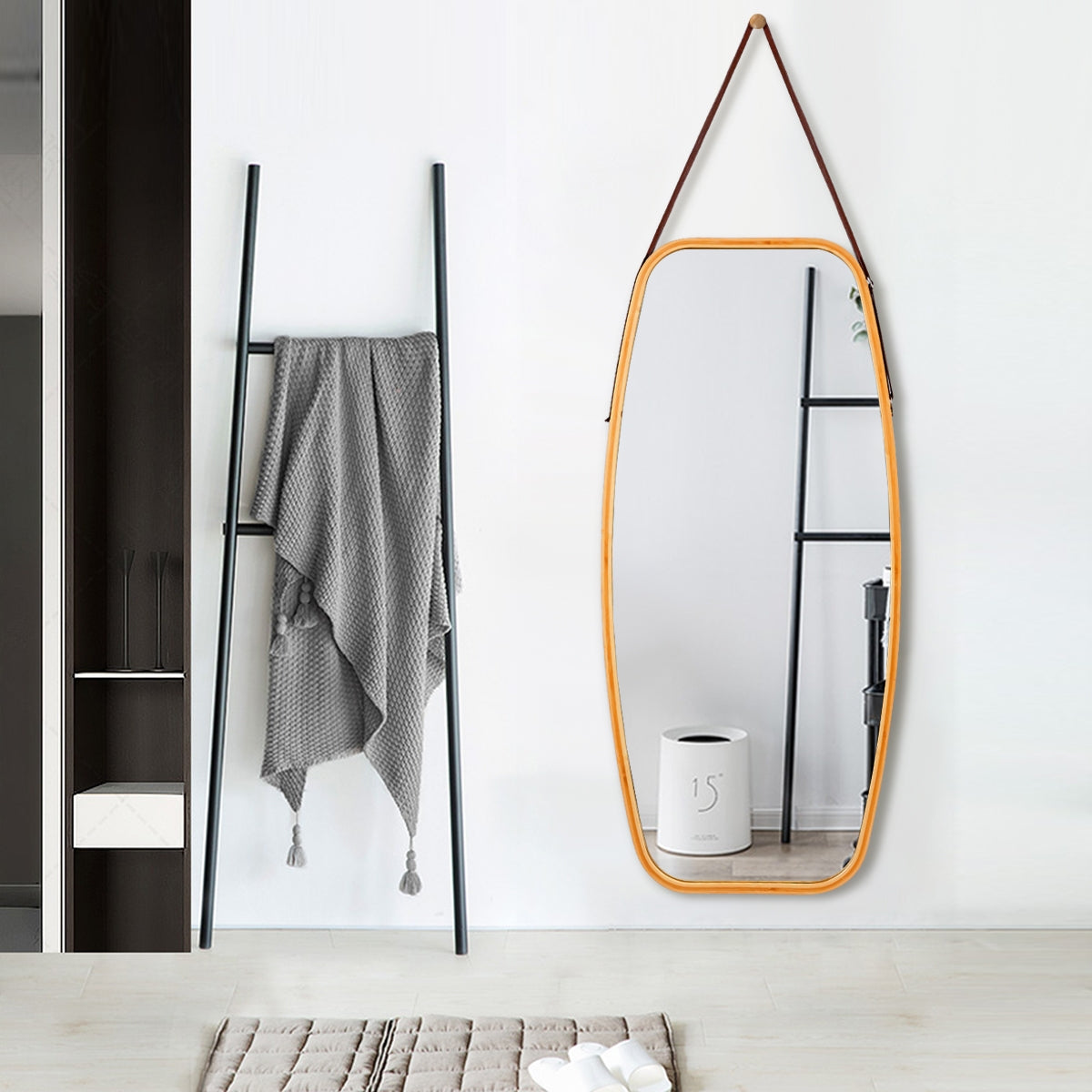 39 Inch Modern Bamboo Framed Wall Mirror with Adjustable Leather Strap