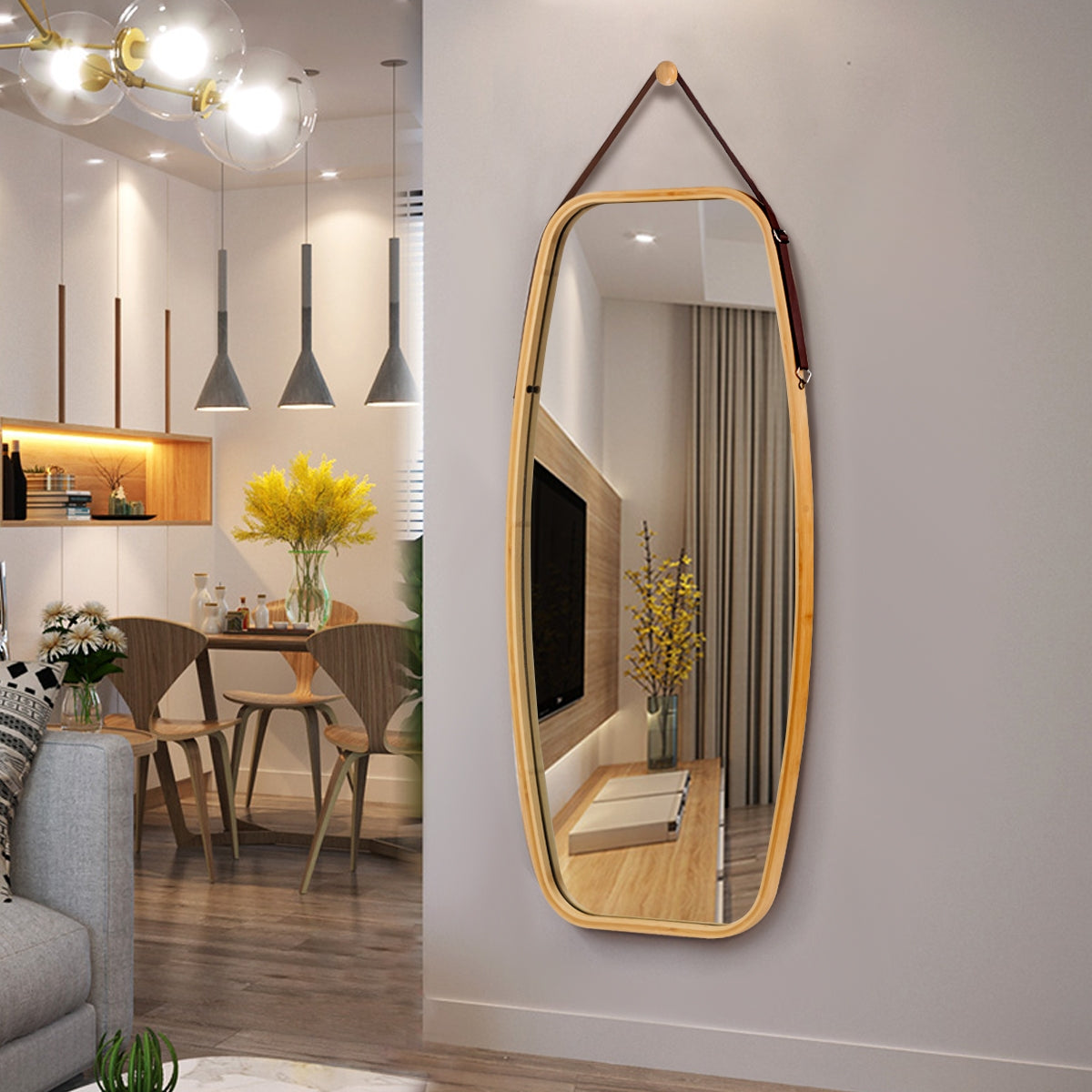 39 Inch Modern Bamboo Framed Wall Mirror with Adjustable Leather Strap