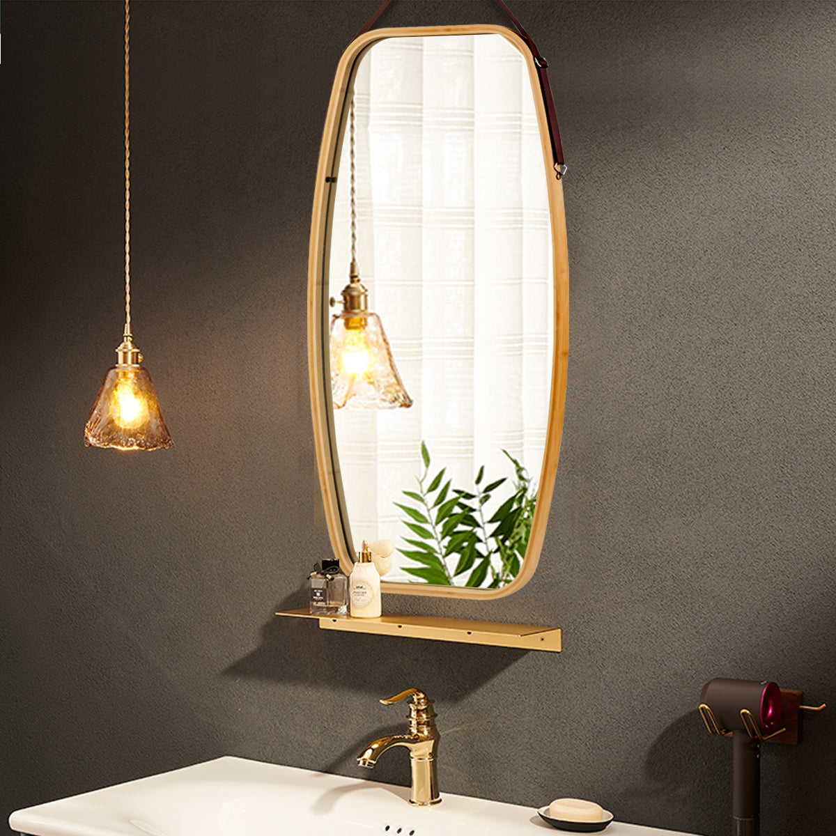 39 Inch Modern Bamboo Framed Wall Mirror with Adjustable Leather Strap