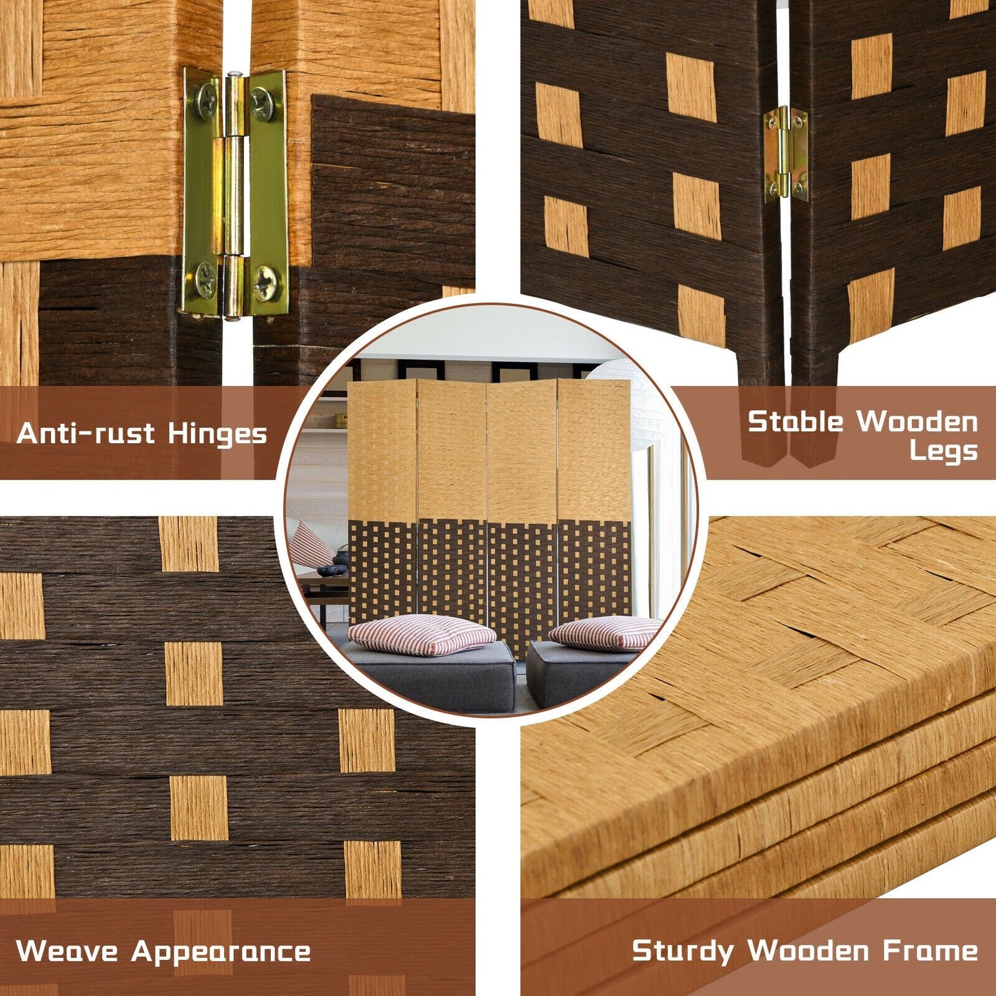 6ft 4 Panel Folding Privacy Screen with Poplar Wood Frame and Hand-Woven Fiber