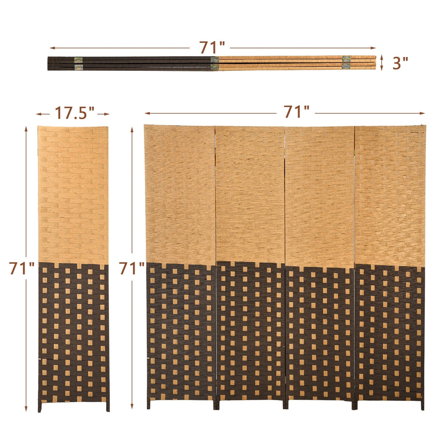 6ft 4 Panel Folding Privacy Screen with Poplar Wood Frame and Hand-Woven Fiber