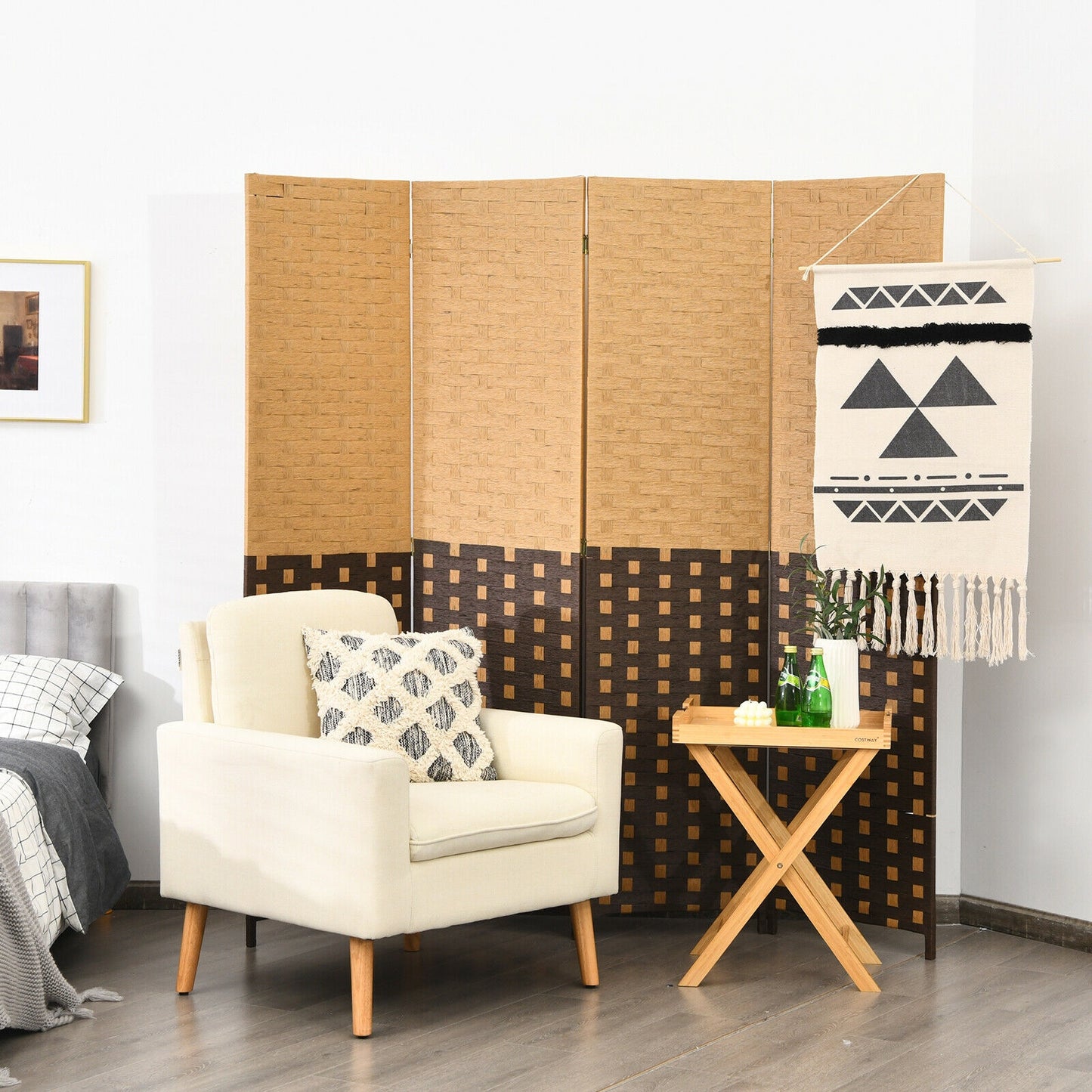 6ft 4 Panel Folding Privacy Screen with Poplar Wood Frame and Hand-Woven Fiber