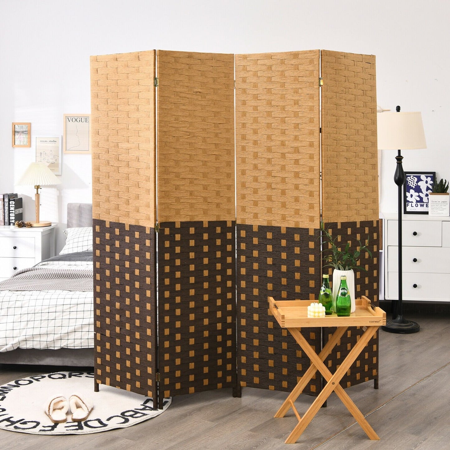 6ft 4 Panel Folding Privacy Screen with Poplar Wood Frame and Hand-Woven Fiber
