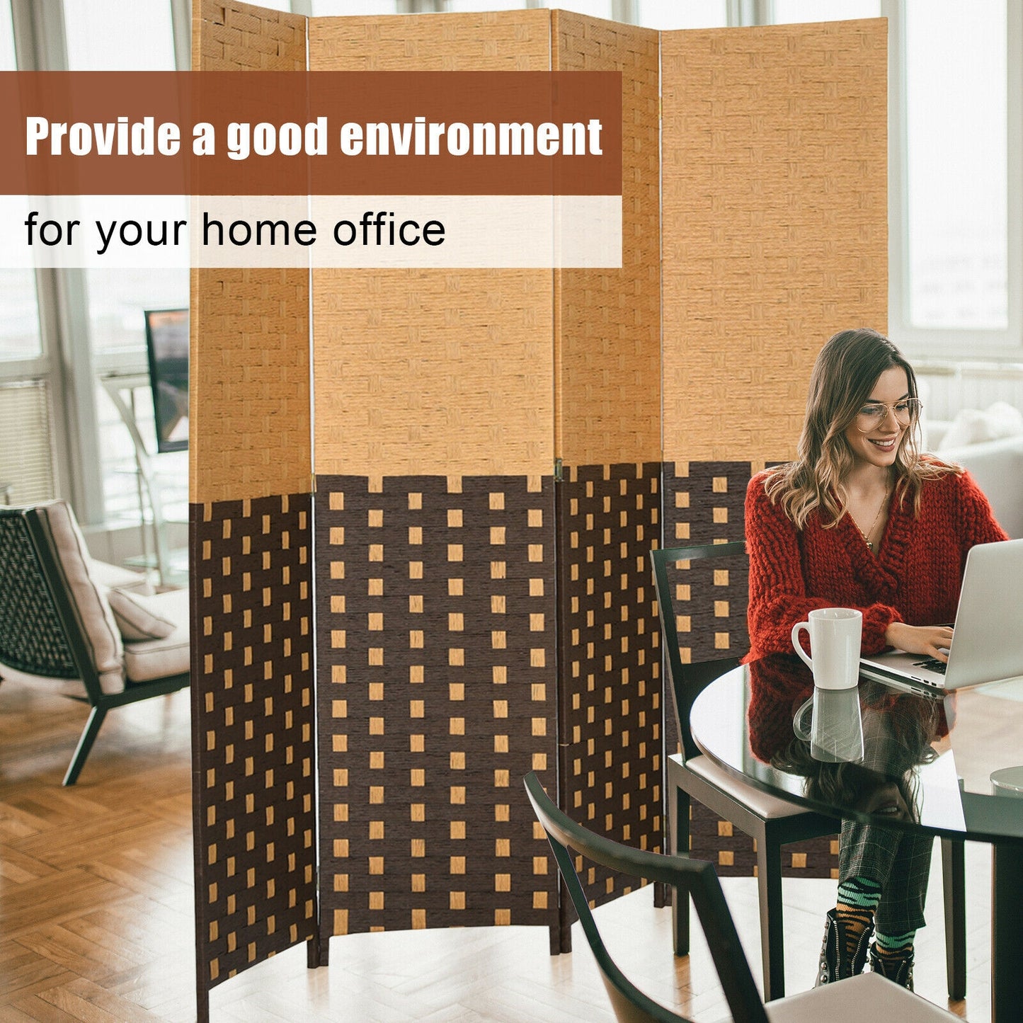 6ft 4 Panel Folding Privacy Screen with Poplar Wood Frame and Hand-Woven Fiber