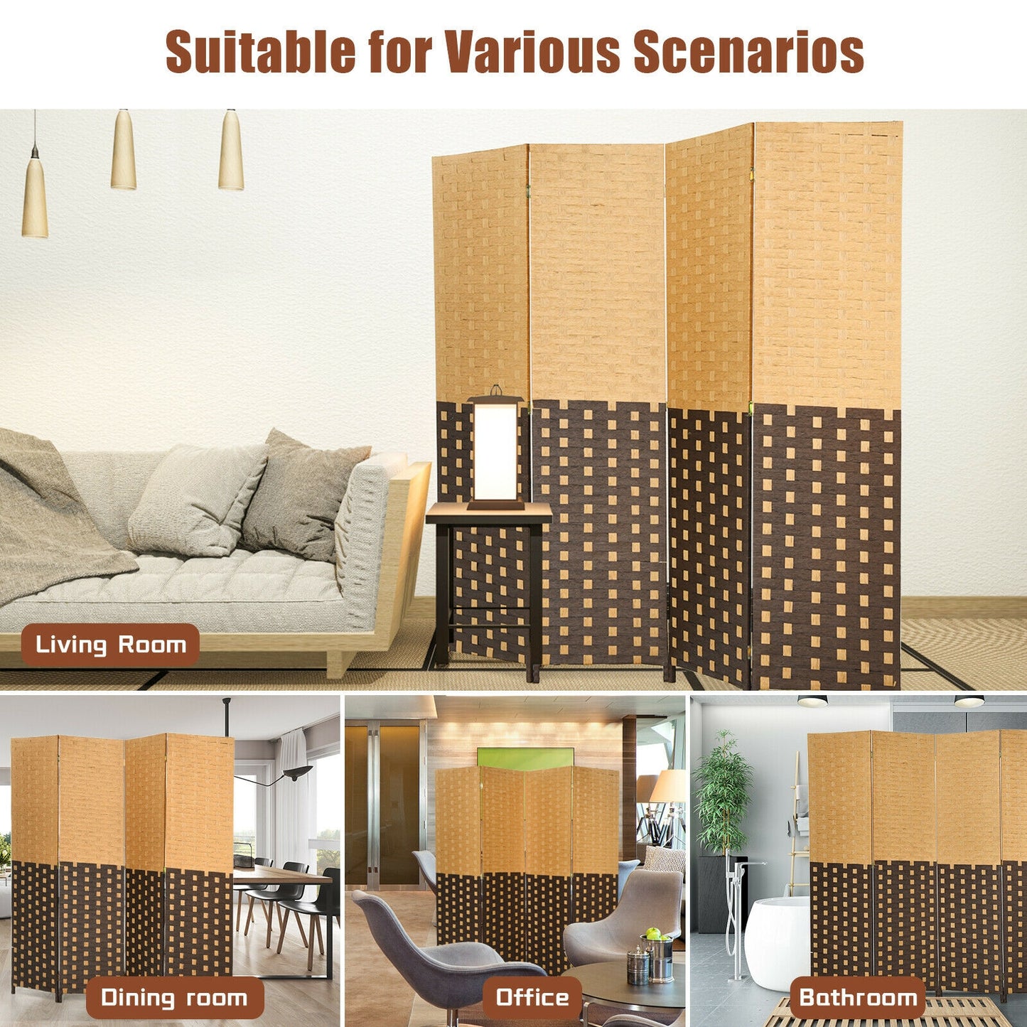 6ft 4 Panel Folding Privacy Screen with Poplar Wood Frame and Hand-Woven Fiber