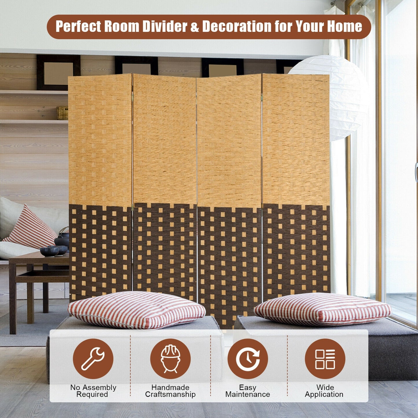 6ft 4 Panel Folding Privacy Screen with Poplar Wood Frame and Hand-Woven Fiber