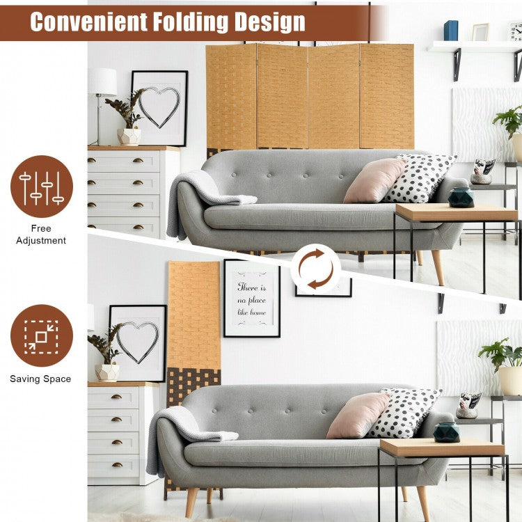 6ft 4 Panel Folding Privacy Screen with Poplar Wood Frame and Hand-Woven Fiber