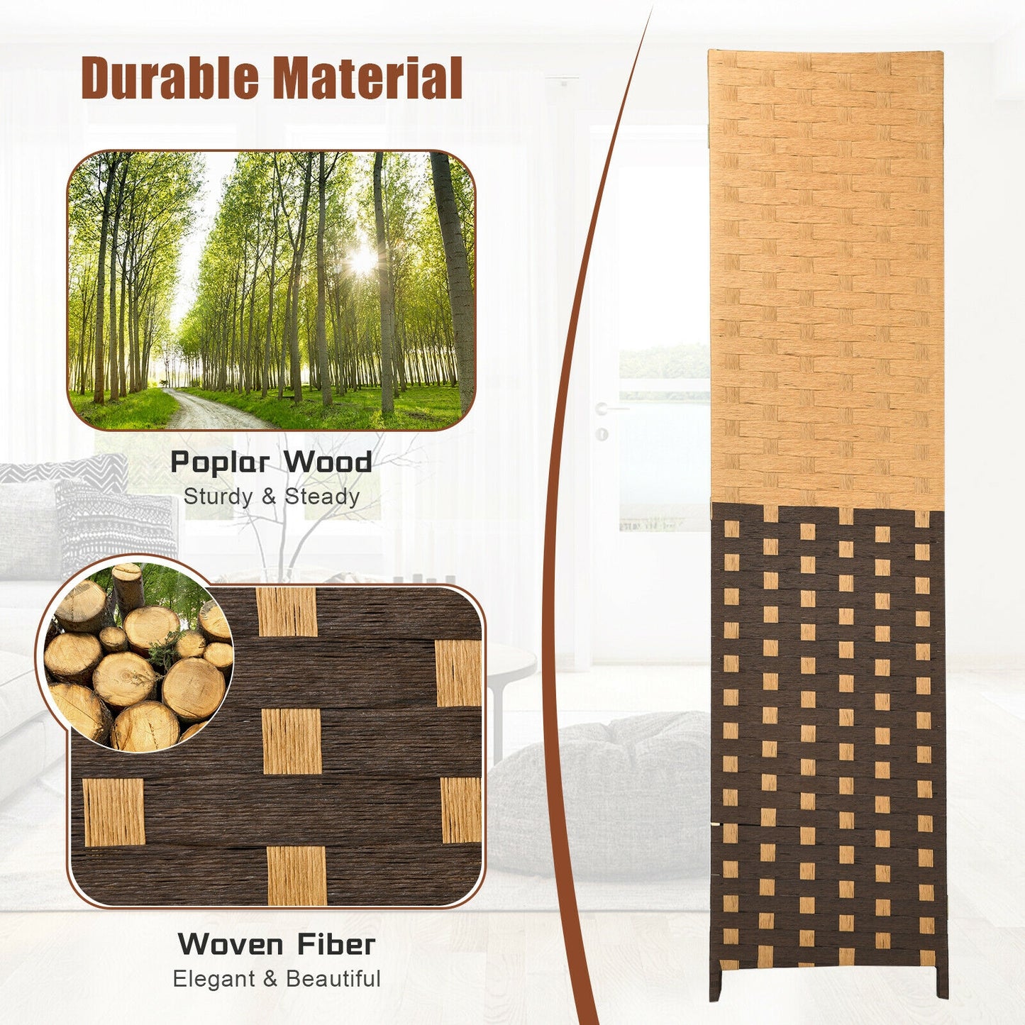 6ft 4 Panel Folding Privacy Screen with Poplar Wood Frame and Hand-Woven Fiber