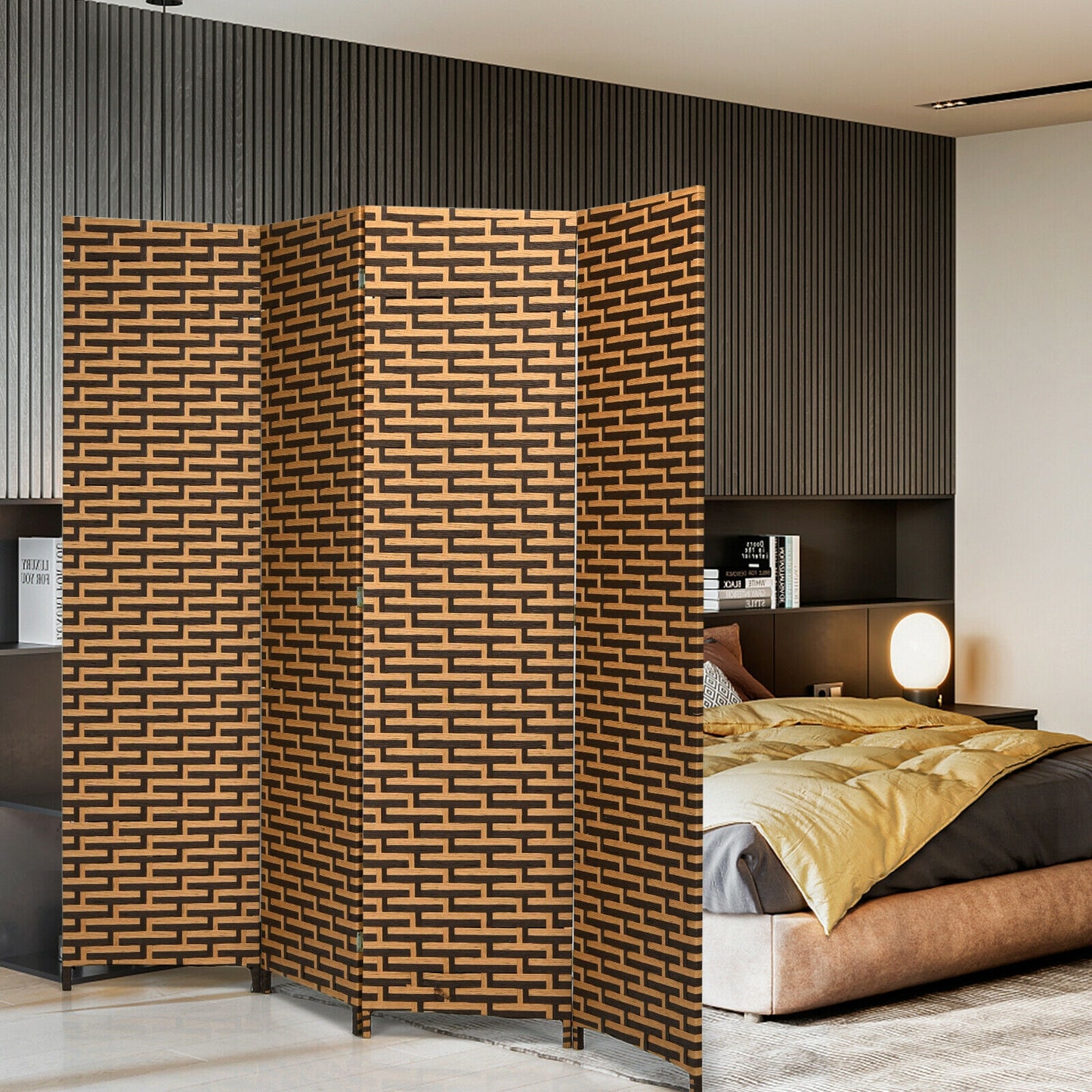 4 Panel Hand-Woven Room Divider with Rustproof Hinges for Privacy and Space Separation
