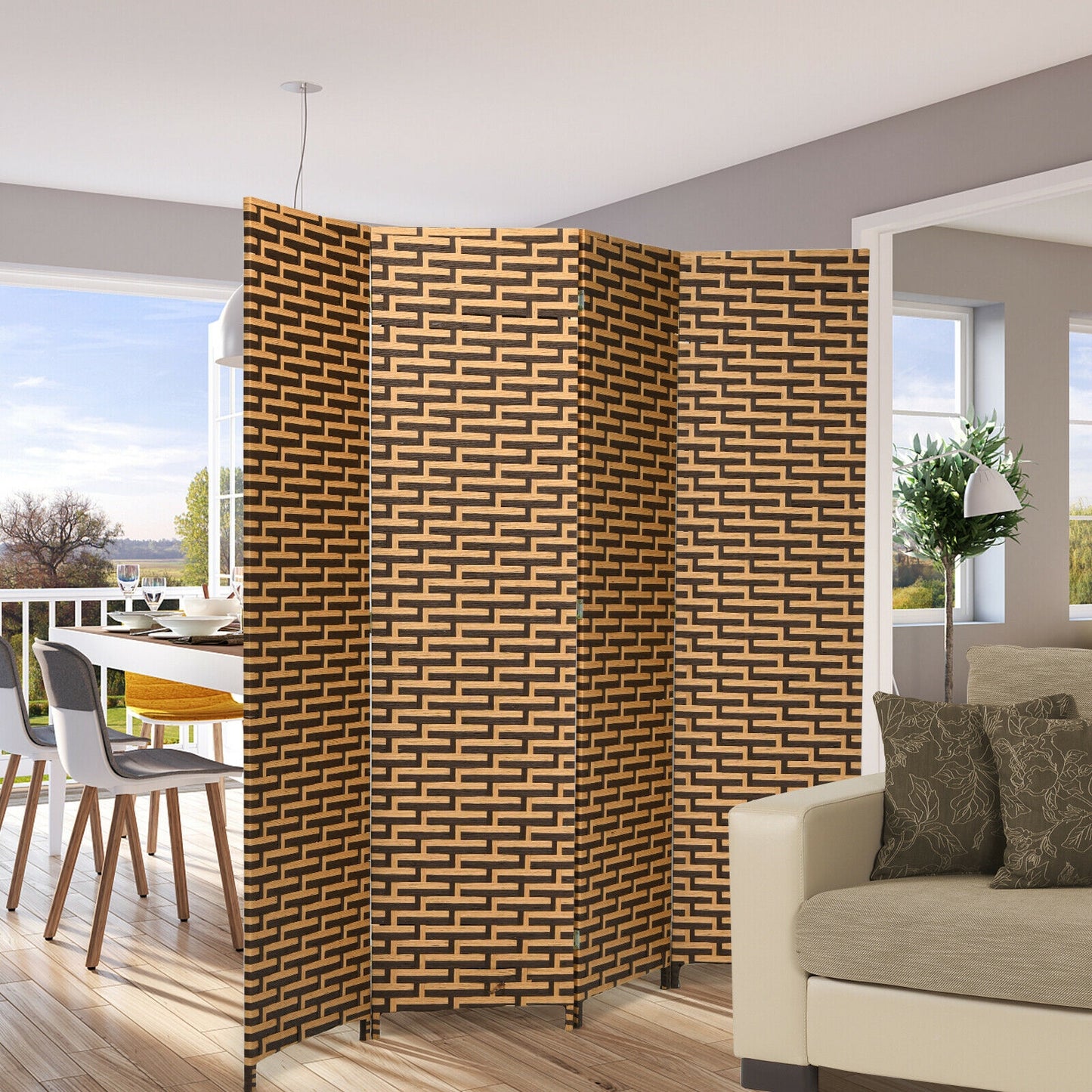 4 Panel Hand-Woven Room Divider with Rustproof Hinges for Privacy and Space Separation