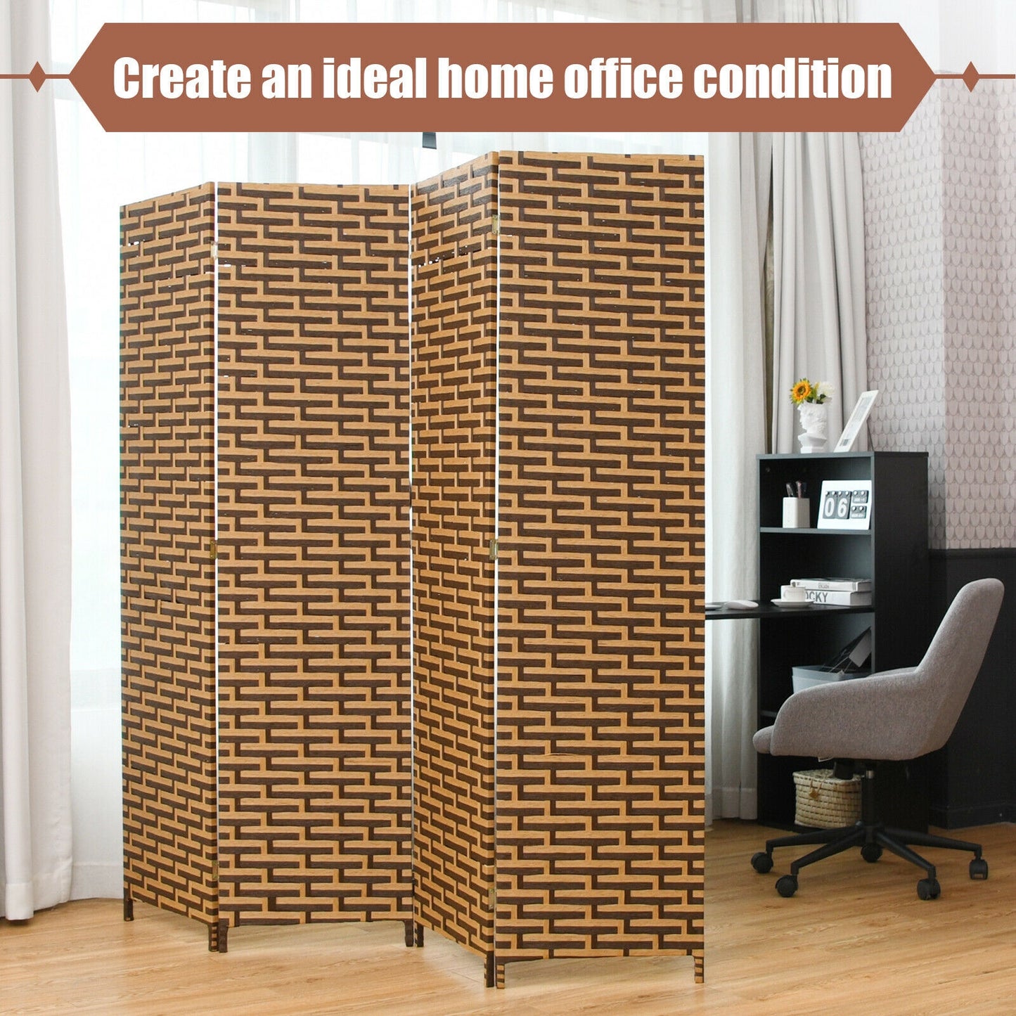 4 Panel Hand-Woven Room Divider with Rustproof Hinges for Privacy and Space Separation
