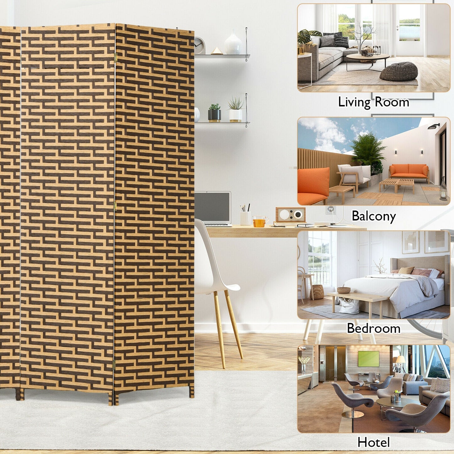 4 Panel Hand-Woven Room Divider with Rustproof Hinges for Privacy and Space Separation