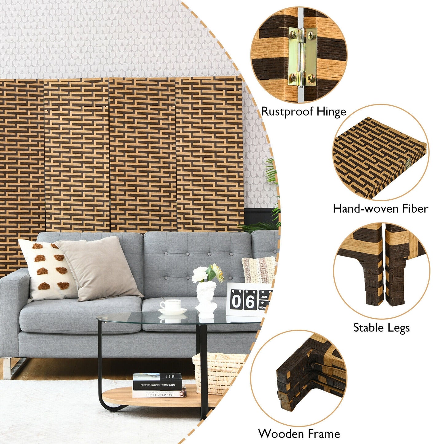 4 Panel Hand-Woven Room Divider with Rustproof Hinges for Privacy and Space Separation