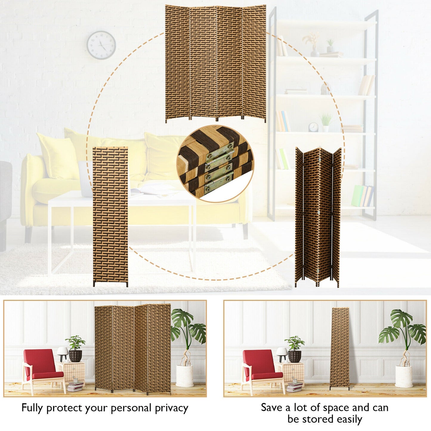 4 Panel Hand-Woven Room Divider with Rustproof Hinges for Privacy and Space Separation