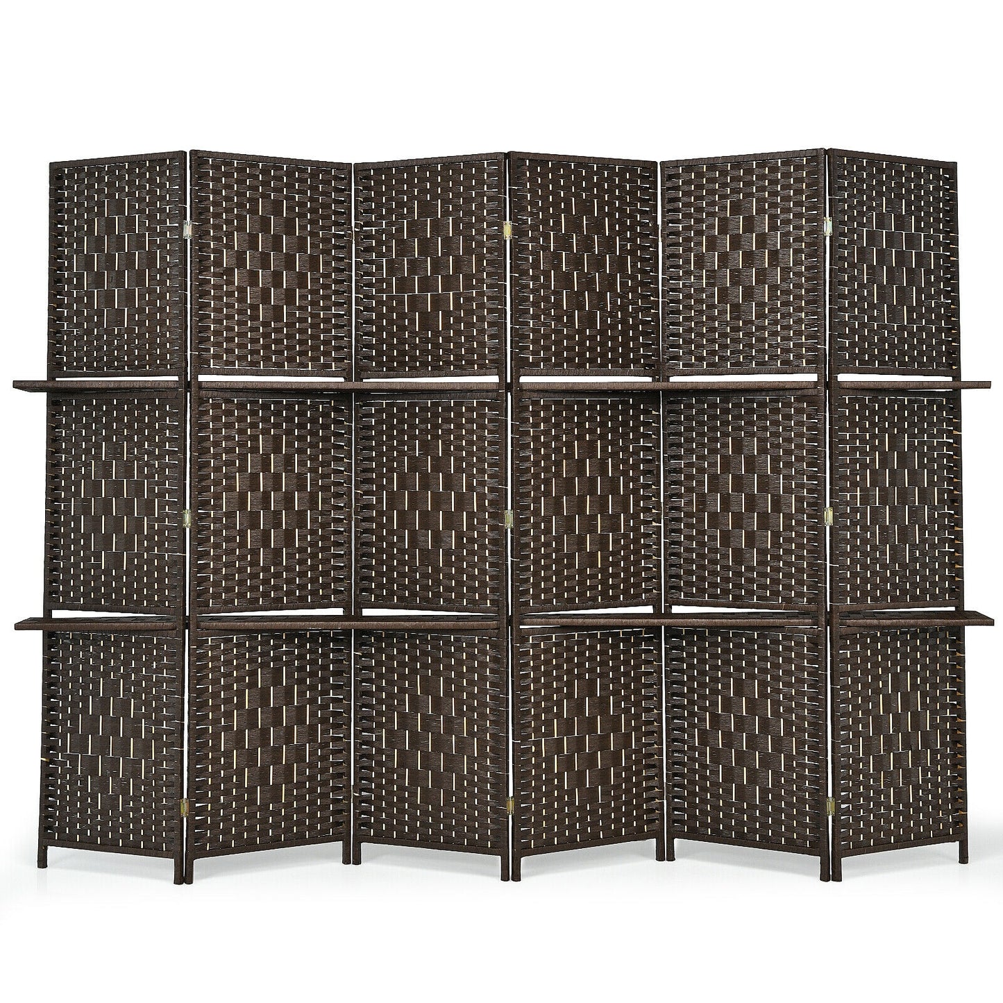 6 Panel Folding Room Divider with 2 Shelves - Handwoven Fiber, Brown