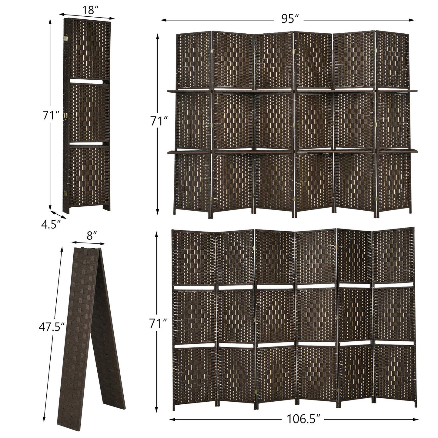 6 Panel Folding Room Divider with 2 Shelves - Handwoven Fiber, Brown