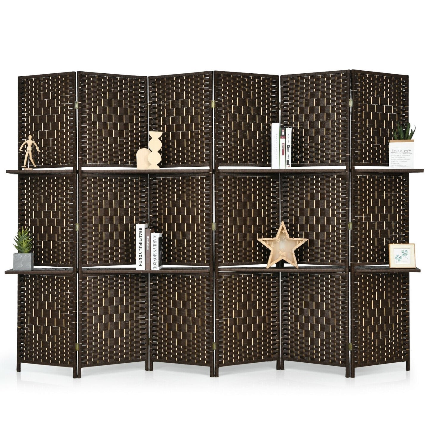 6 Panel Folding Room Divider with 2 Shelves - Handwoven Fiber, Brown