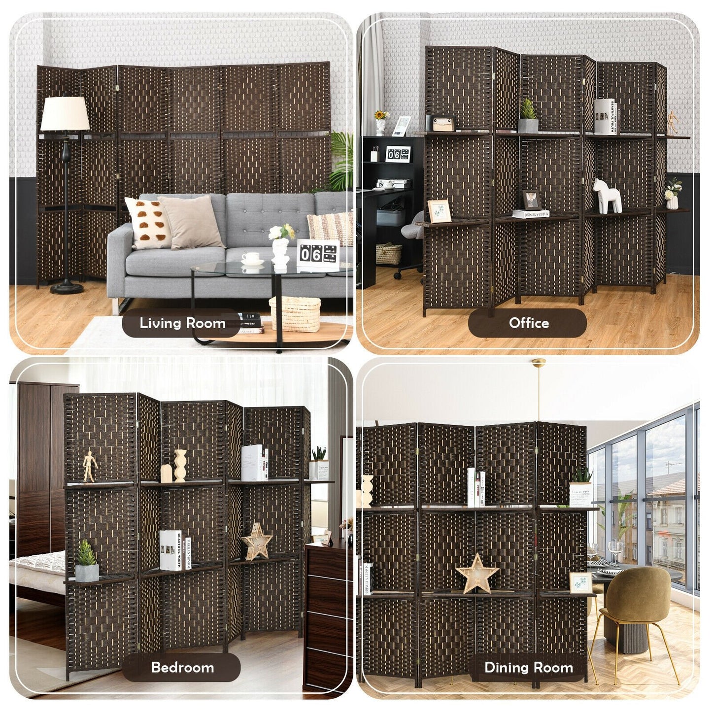 6 Panel Folding Room Divider with 2 Shelves - Handwoven Fiber, Brown