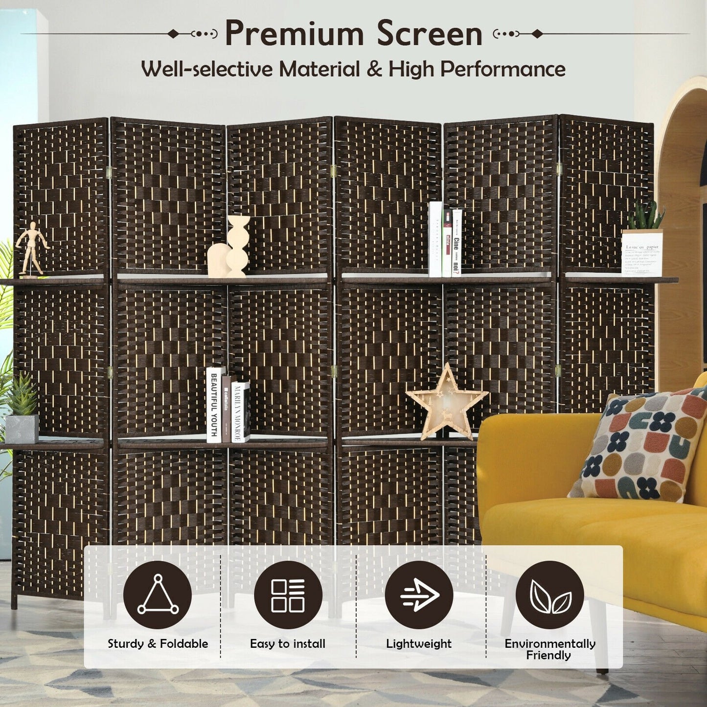 6 Panel Folding Room Divider with 2 Shelves - Handwoven Fiber, Brown