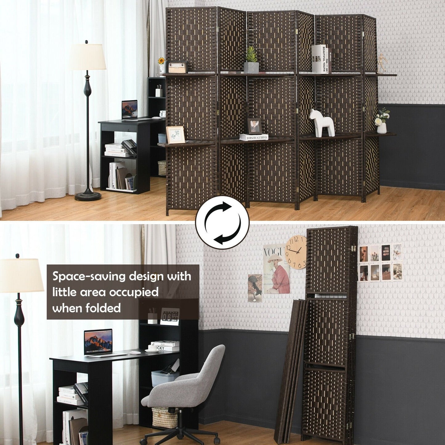 6 Panel Folding Room Divider with 2 Shelves - Handwoven Fiber, Brown