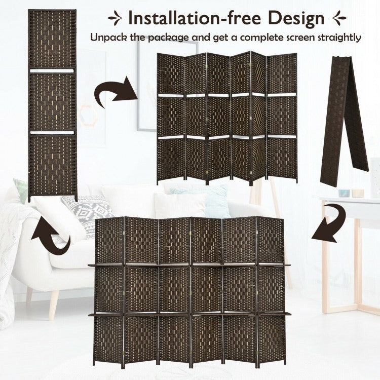 6 Panel Folding Room Divider with 2 Shelves - Handwoven Fiber, Brown