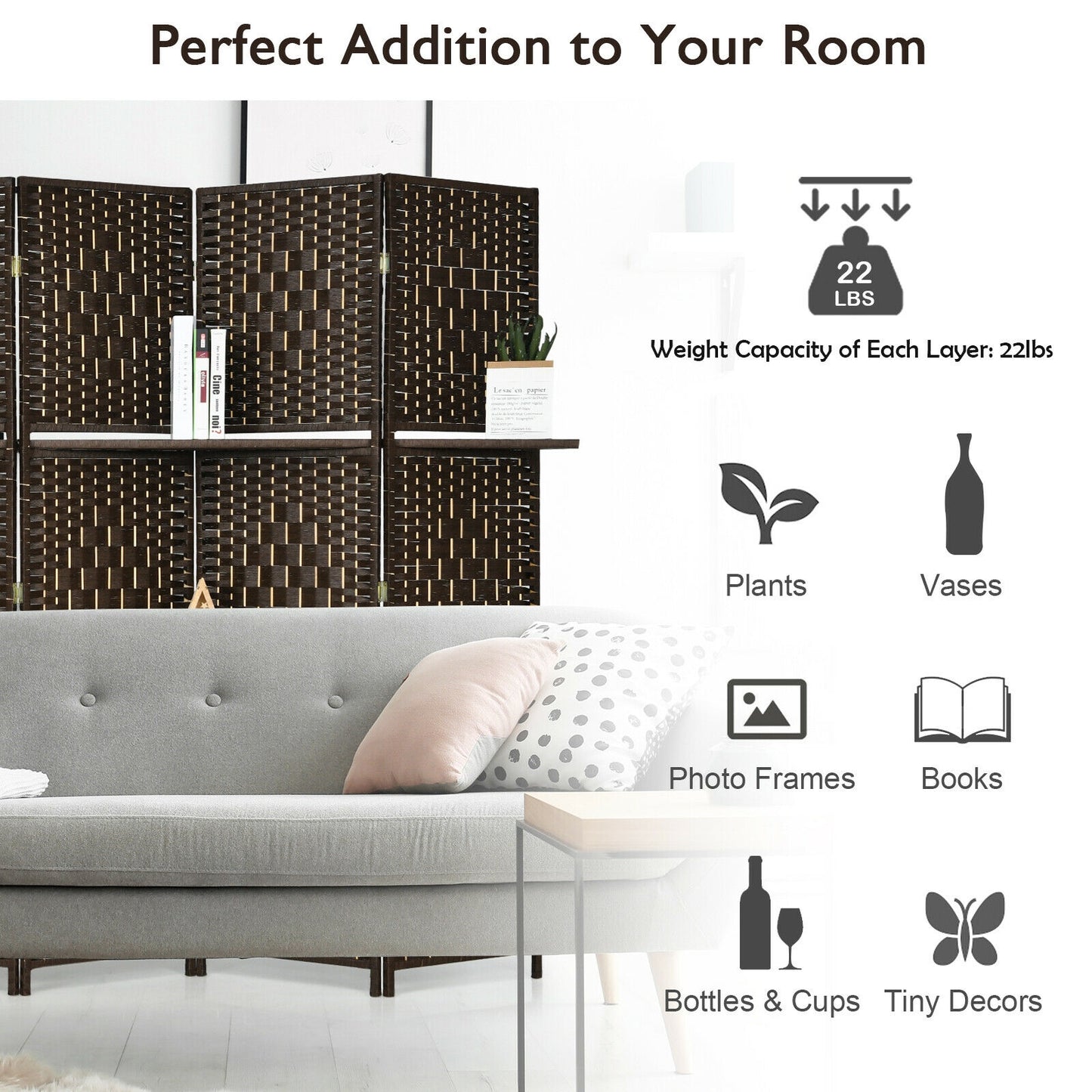 6 Panel Folding Room Divider with 2 Shelves - Handwoven Fiber, Brown