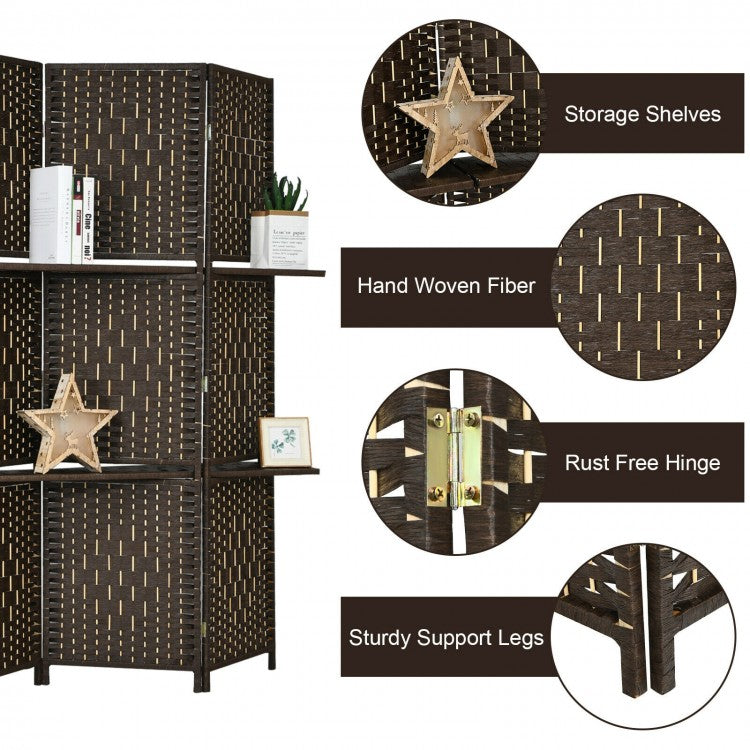 6 Panel Folding Room Divider with 2 Shelves - Handwoven Fiber, Brown