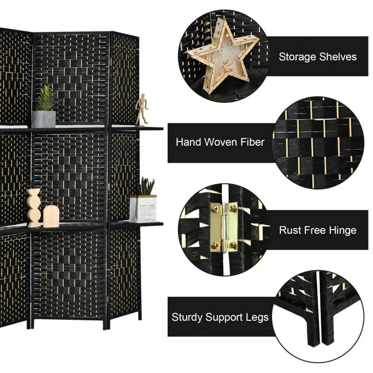 6 Panel Folding Room Divider with 2 Shelves - Handwoven Fiber, Black