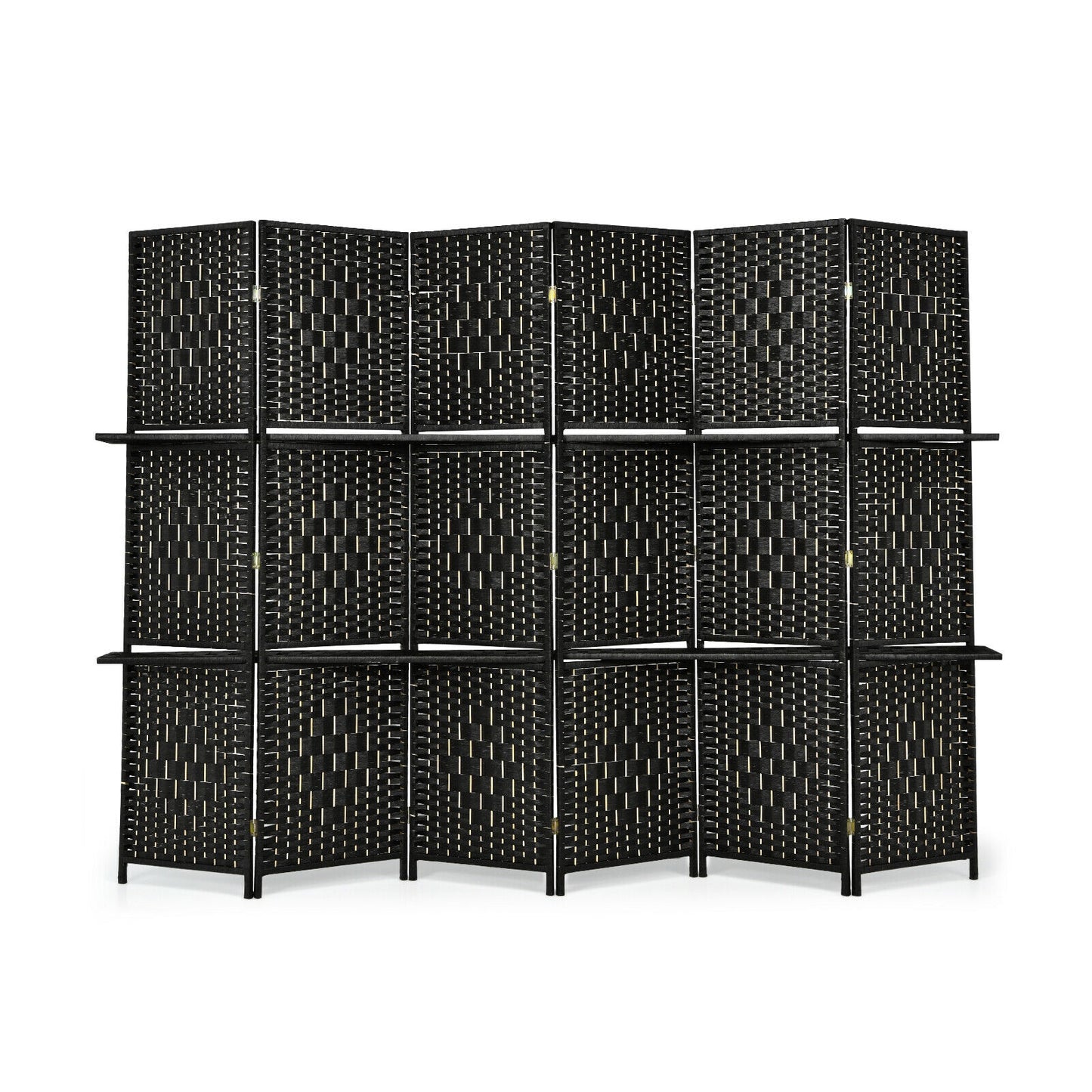 6 Panel Folding Room Divider with 2 Shelves - Handwoven Fiber, Black