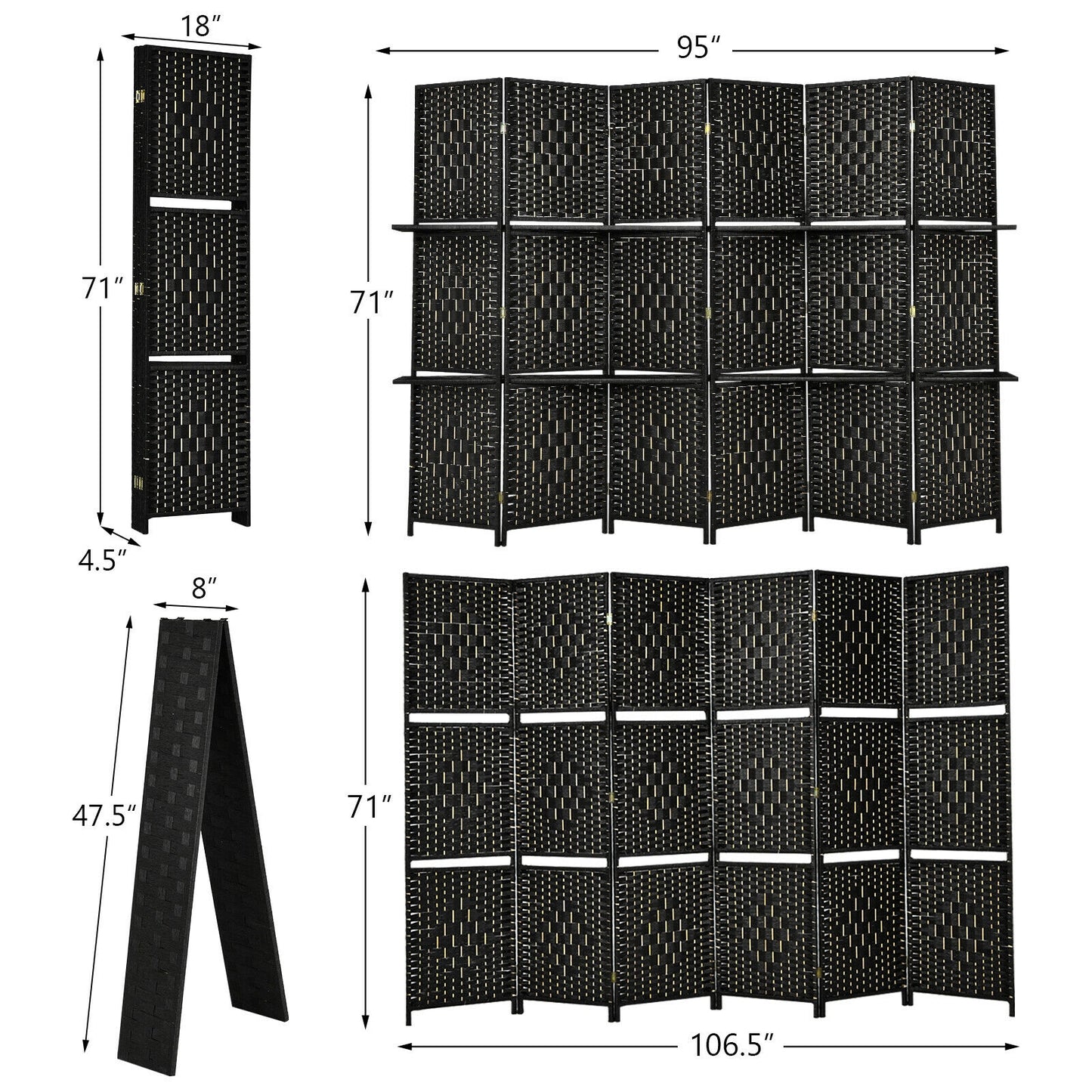 6 Panel Folding Room Divider with 2 Shelves - Handwoven Fiber, Black