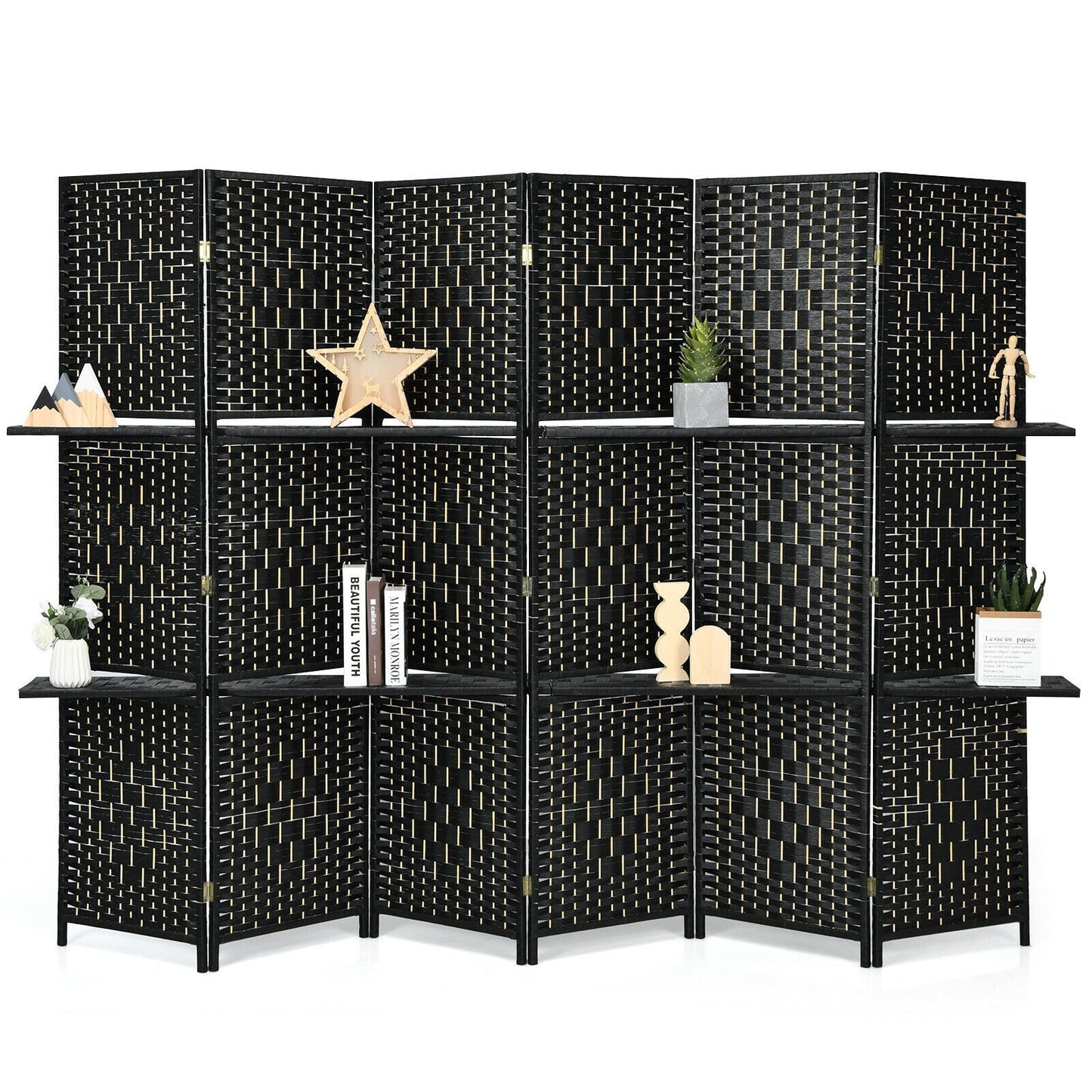 6 Panel Folding Room Divider with 2 Shelves - Handwoven Fiber, Black