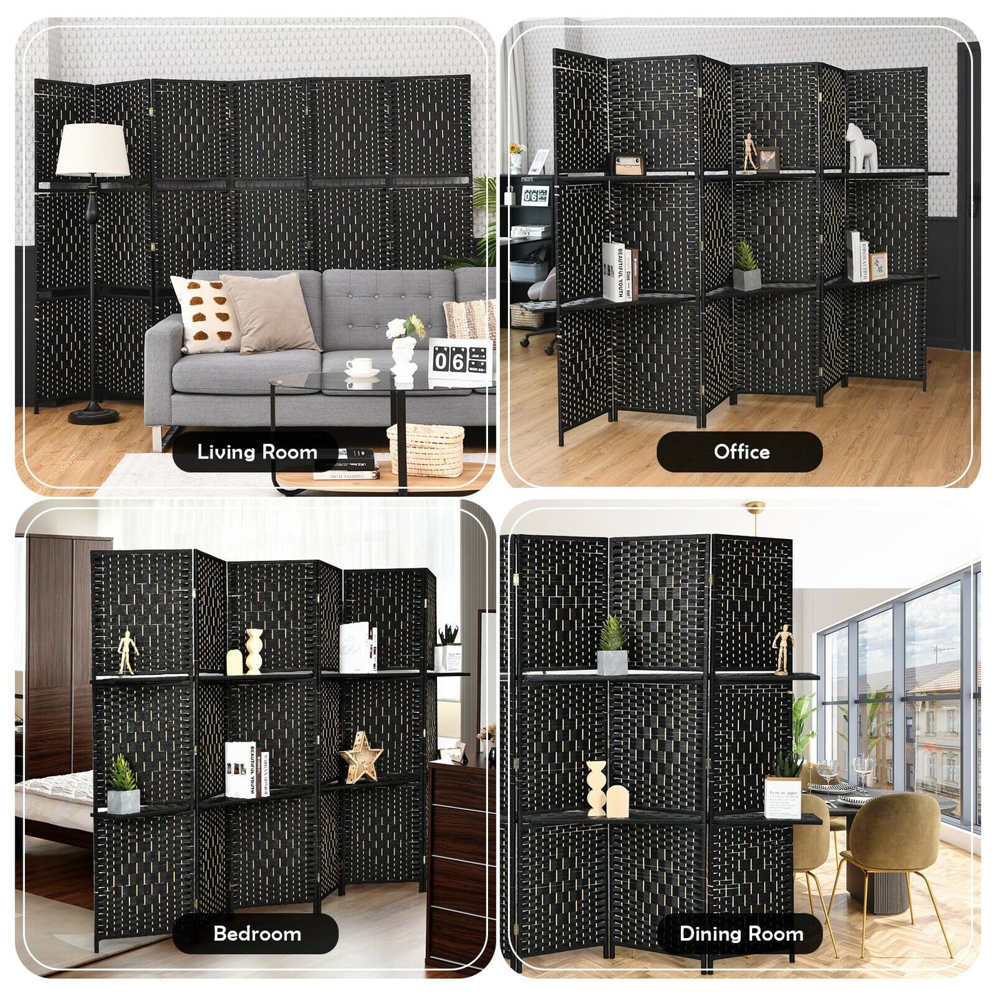 6 Panel Folding Room Divider with 2 Shelves - Handwoven Fiber, Black