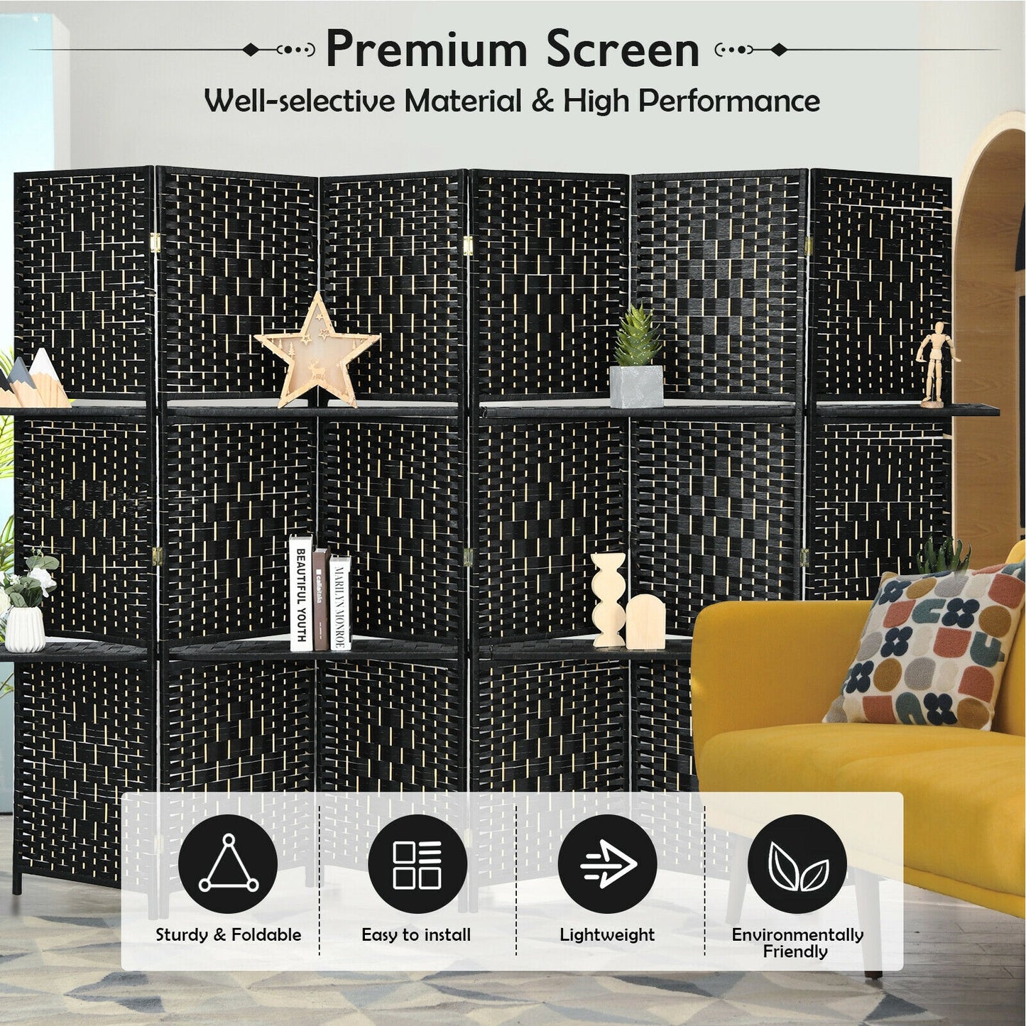 6 Panel Folding Room Divider with 2 Shelves - Handwoven Fiber, Black