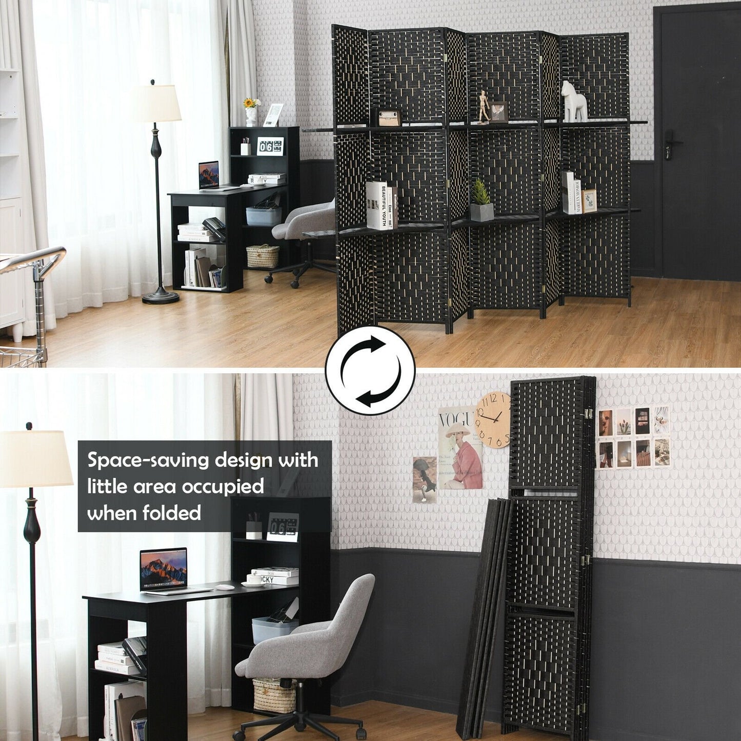 6 Panel Folding Room Divider with 2 Shelves - Handwoven Fiber, Black